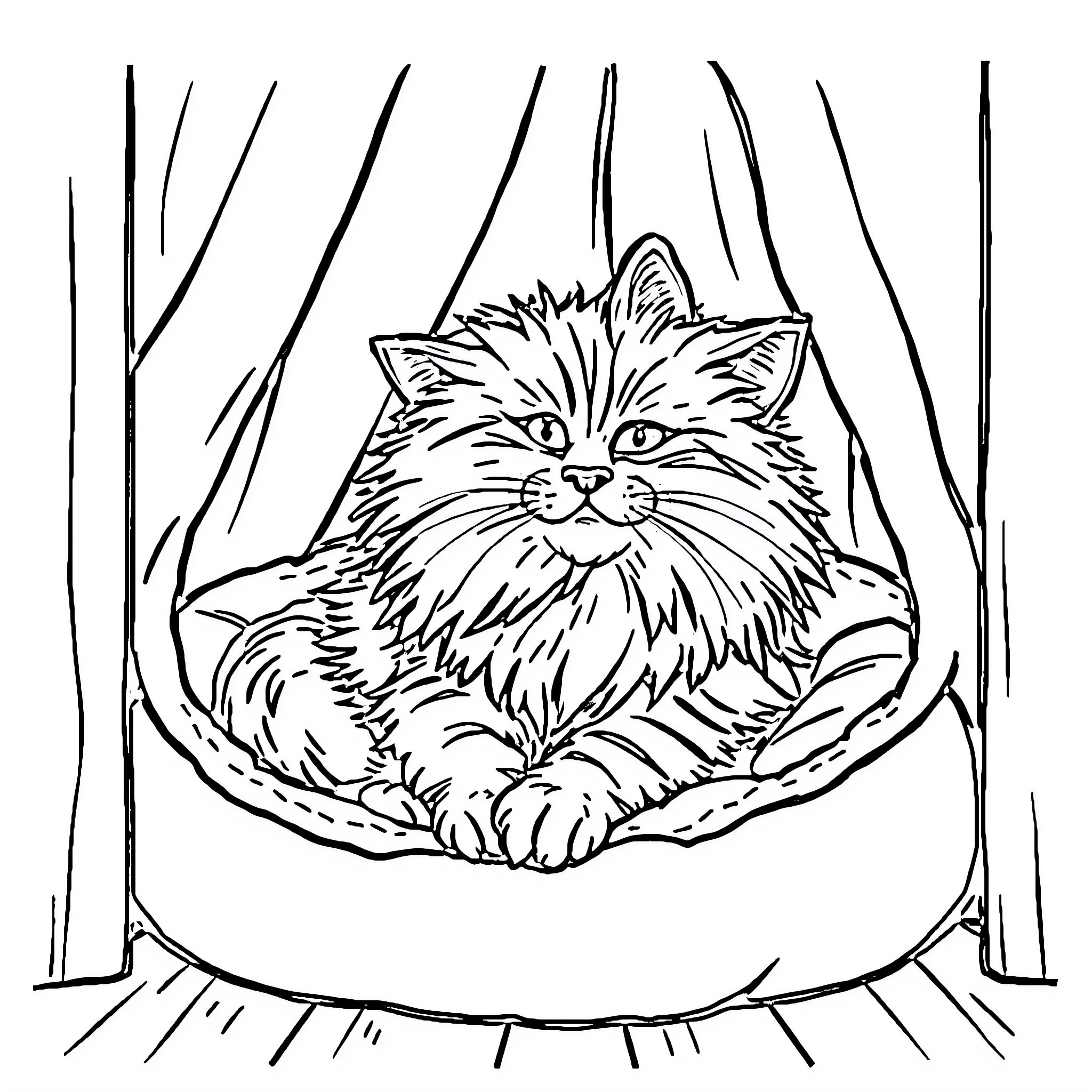 Cat resting comfortably in a hammock Coloring Page (free black-and-white line drawing printable PDF for all, from beginners to advanced learners, including children, teens, adults, and seniors)