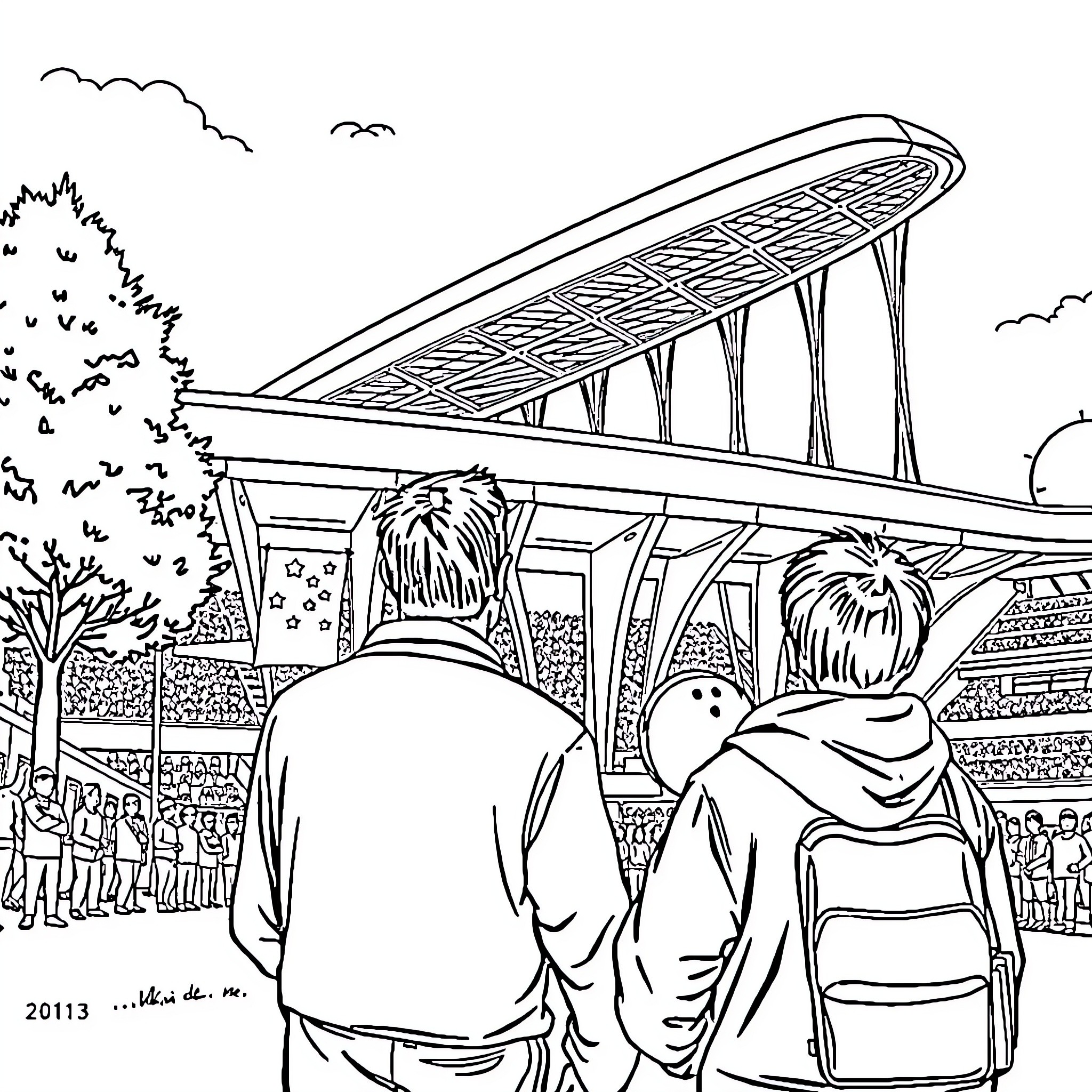 Father and Son Enjoying a Day at the Stadium Coloring Page (free black-and-white line drawing printable PDF for all, from beginners to advanced learners, including children, teens, adults, and seniors)