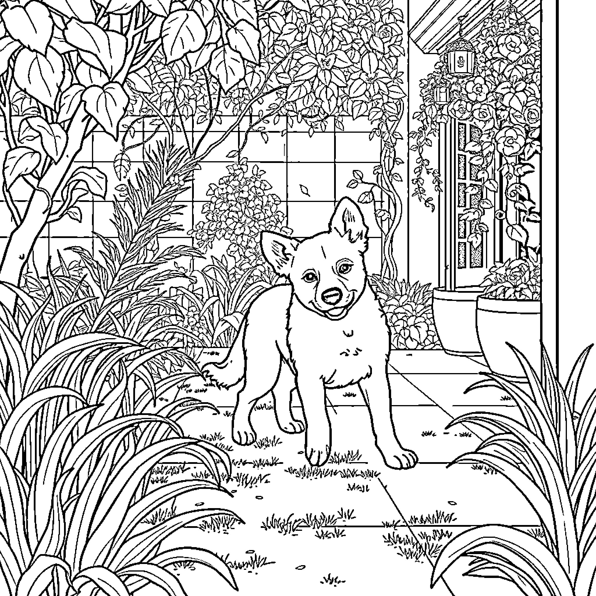 Blue Pup Explores Lush Garden Coloring Page (free black-and-white line drawing printable PDF for all, from beginners to advanced learners, including children, teens, adults, and seniors)