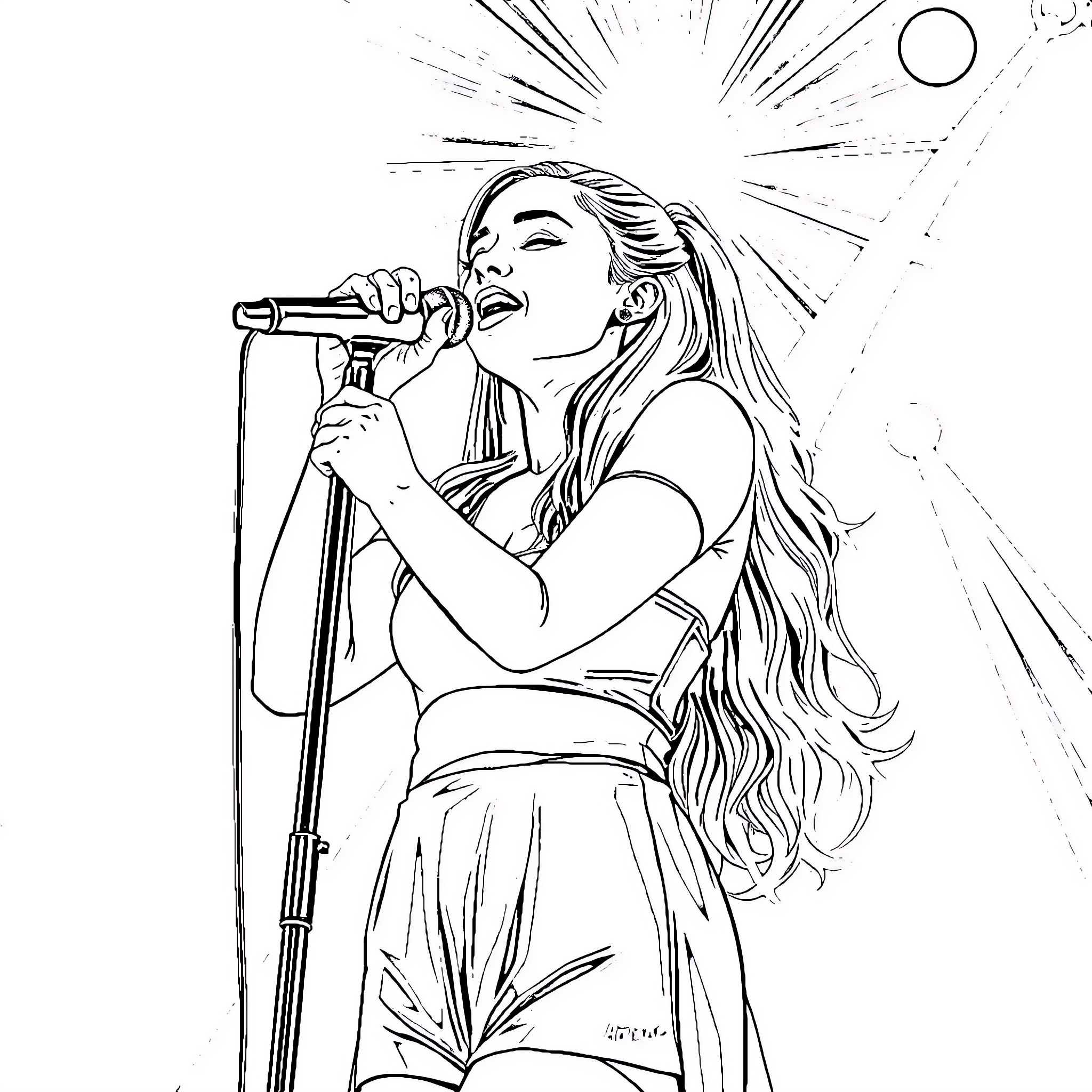 Ariana Grande Performing on Stage with Microphone Coloring Page (free black-and-white line drawing printable PDF for all, from beginners to advanced learners, including children, teens, adults, and seniors)