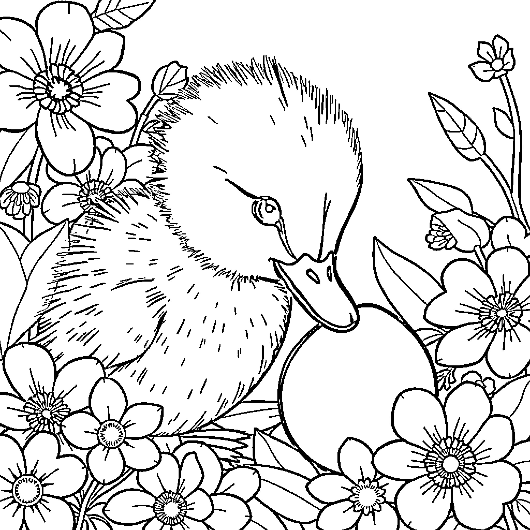 Duckling surrounded by delicate flowers Coloring Page (free black-and-white line drawing printable PDF for all, from beginners to advanced learners, including children, teens, adults, and seniors)