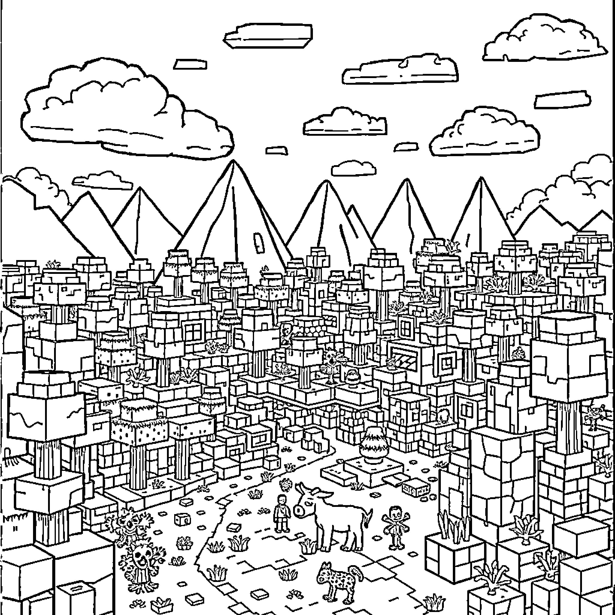 Minecraft city with mountainous landscape Coloring Page (free black-and-white line drawing printable PDF for all, from beginners to advanced learners, including children, teens, adults, and seniors)