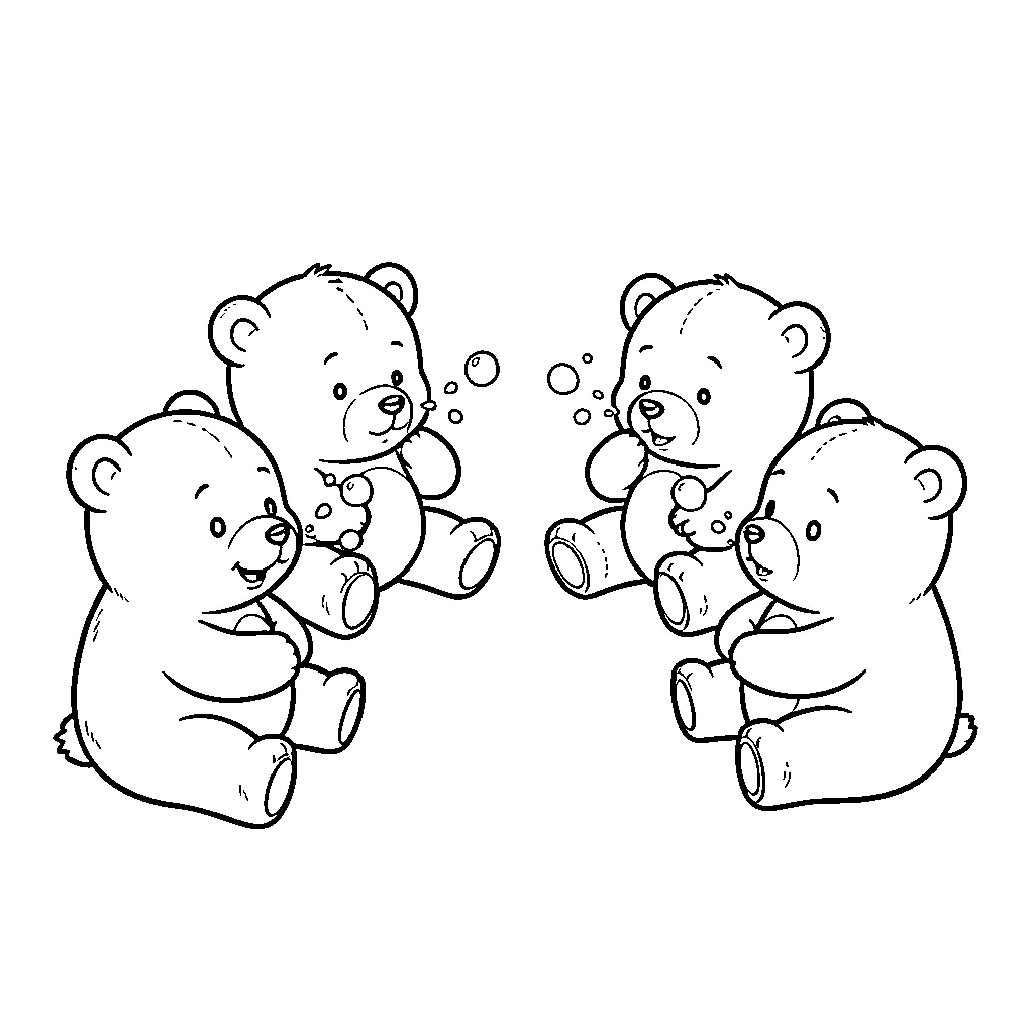 Teddy Bears blowing bubbles together in a group Coloring Page (free black-and-white line drawing printable PDF for all, from beginners to advanced learners, including children, teens, adults, and seniors)