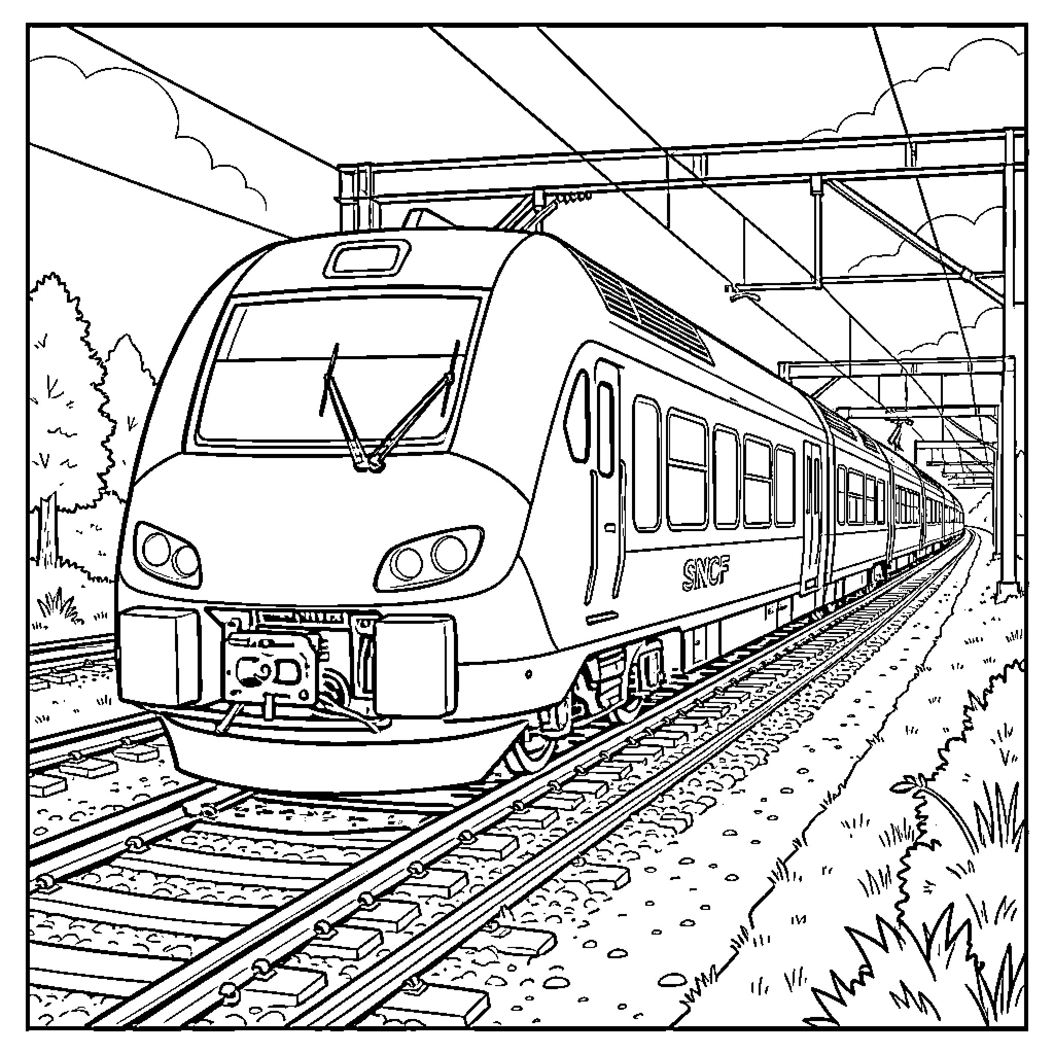 X2800 high speed train traveling on railway tracks Coloring Page (free black-and-white line drawing printable PDF for all, from beginners to advanced learners, including children, teens, adults, and seniors)