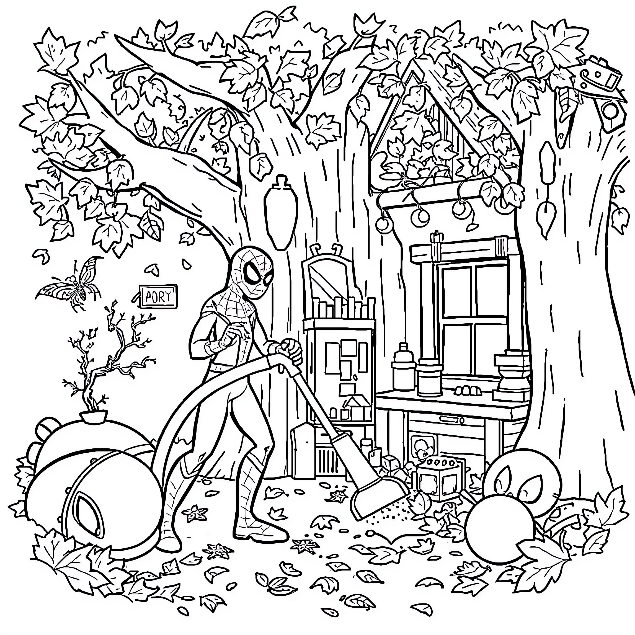 Spiderman raking leaves in an autumn forest scene Coloring Page (free black-and-white line drawing printable PDF for all, from beginners to advanced learners, including children, teens, adults, and seniors)
