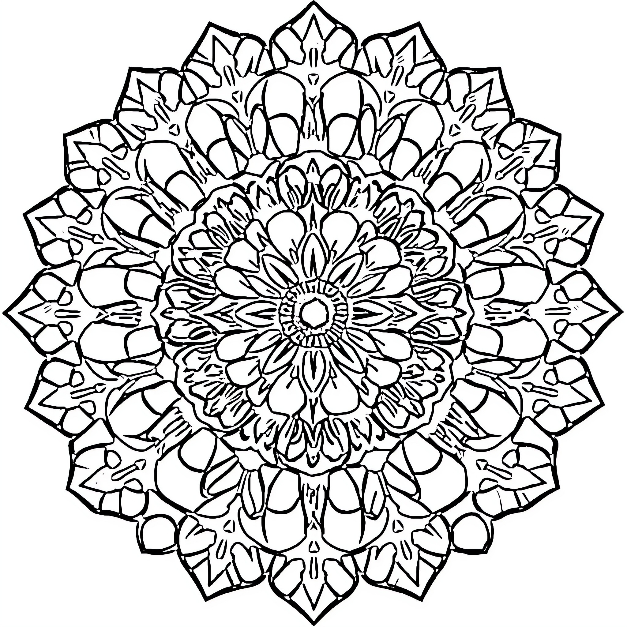 Mandala of intricate floral patterns Coloring Page (free black-and-white line drawing printable PDF for all, from beginners to advanced learners, including children, teens, adults, and seniors)