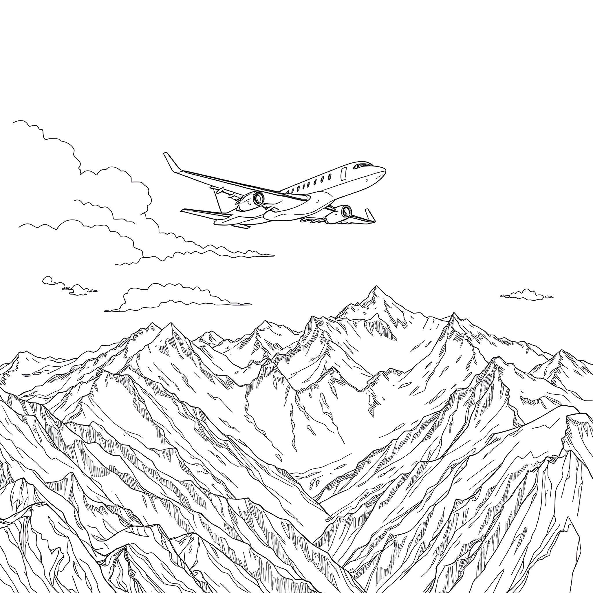 Plane soaring over snowy mountain peaks Coloring Page (free black-and-white line drawing printable PDF for all, from beginners to advanced learners, including children, teens, adults, and seniors)