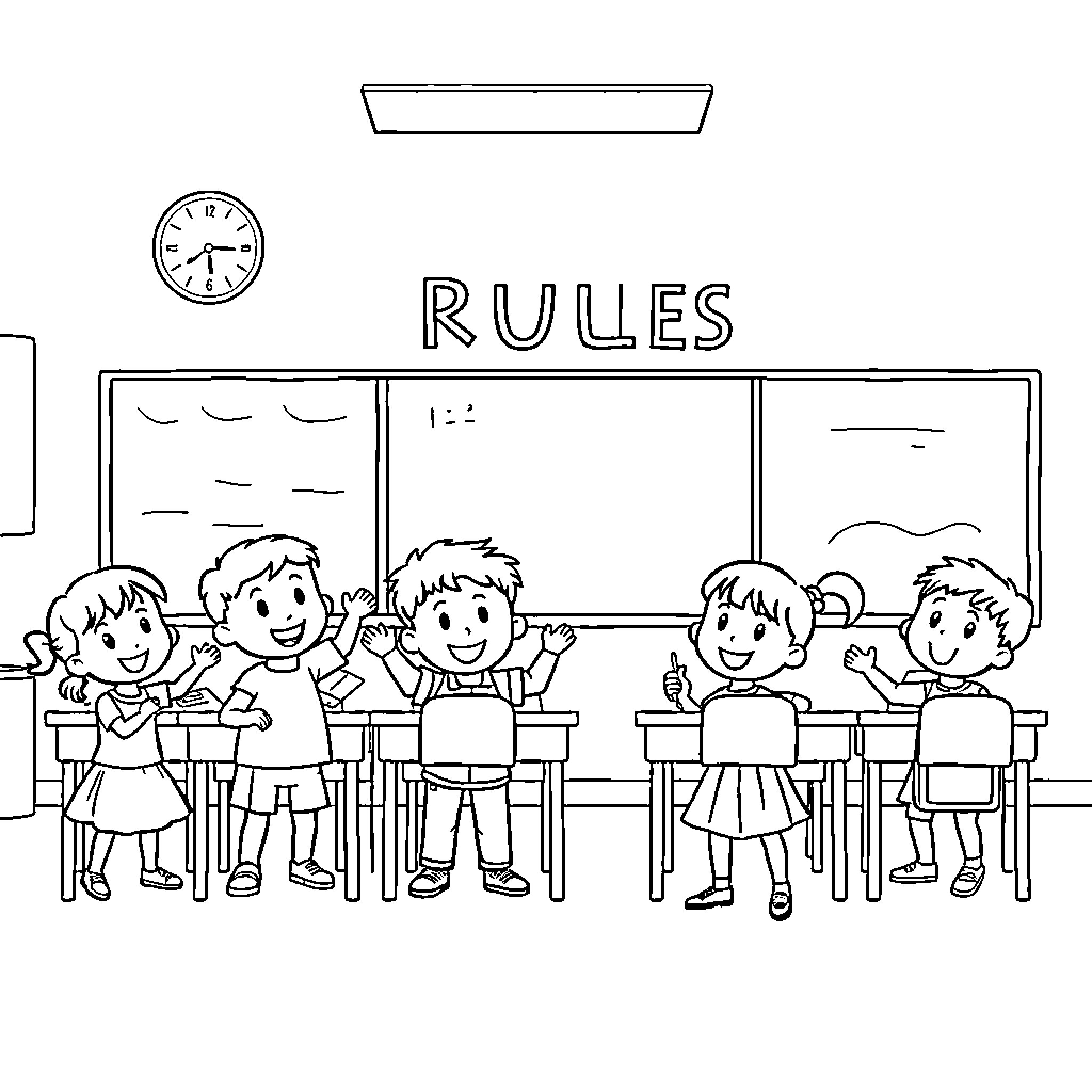 Child learning rules in classroom Coloring Page (free black-and-white line drawing printable PDF for all, from beginners to advanced learners, including children, teens, adults, and seniors)