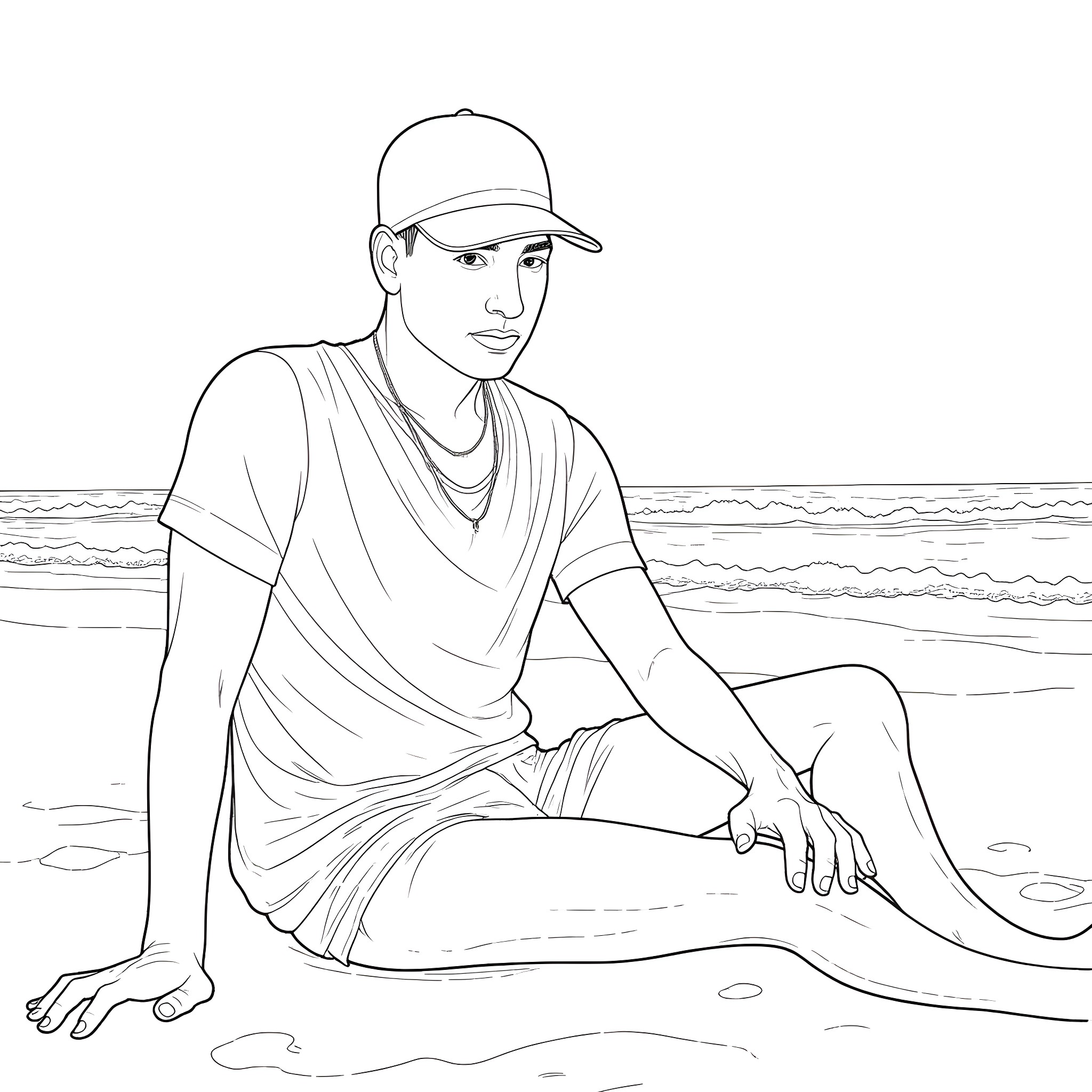 Eminem relaxing on the beach Coloring Page (free black-and-white line drawing printable PDF for all, from beginners to advanced learners, including children, teens, adults, and seniors)