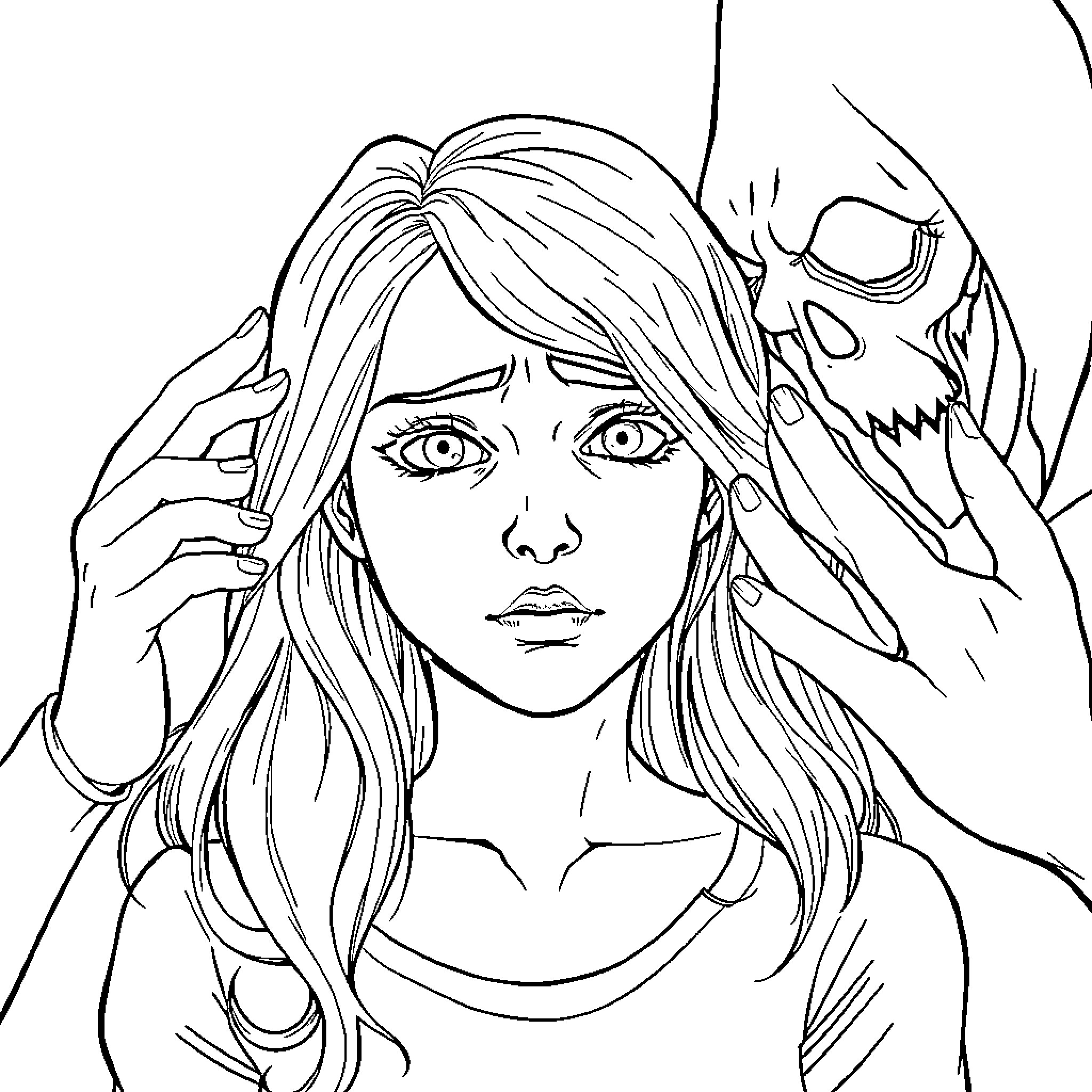 Bimbo with a skull and sinister expression Coloring Page (free black-and-white line drawing printable PDF for all, from beginners to advanced learners, including children, teens, adults, and seniors)