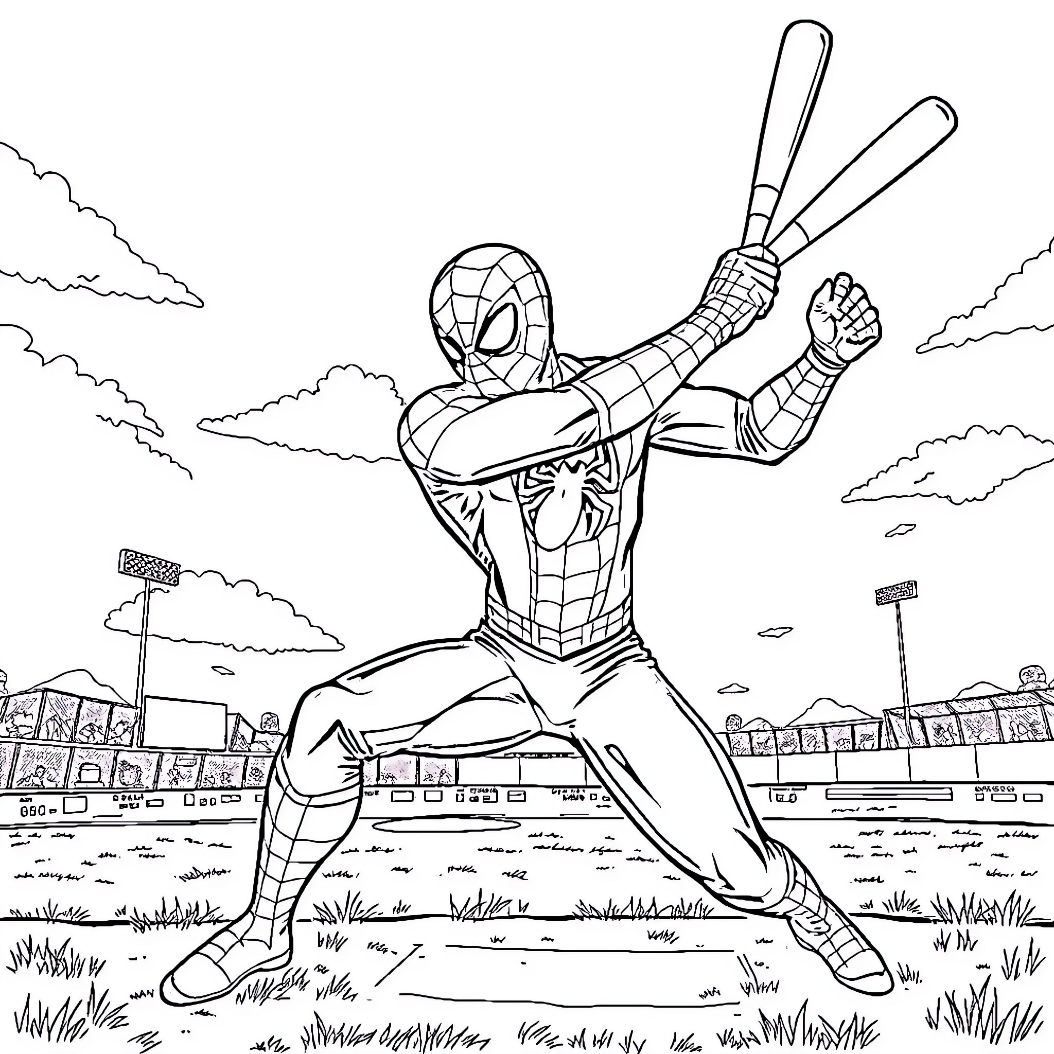Spider-Man heroically posing on the baseball field Coloring Page (free black-and-white line drawing printable PDF for all, from beginners to advanced learners, including children, teens, adults, and seniors)