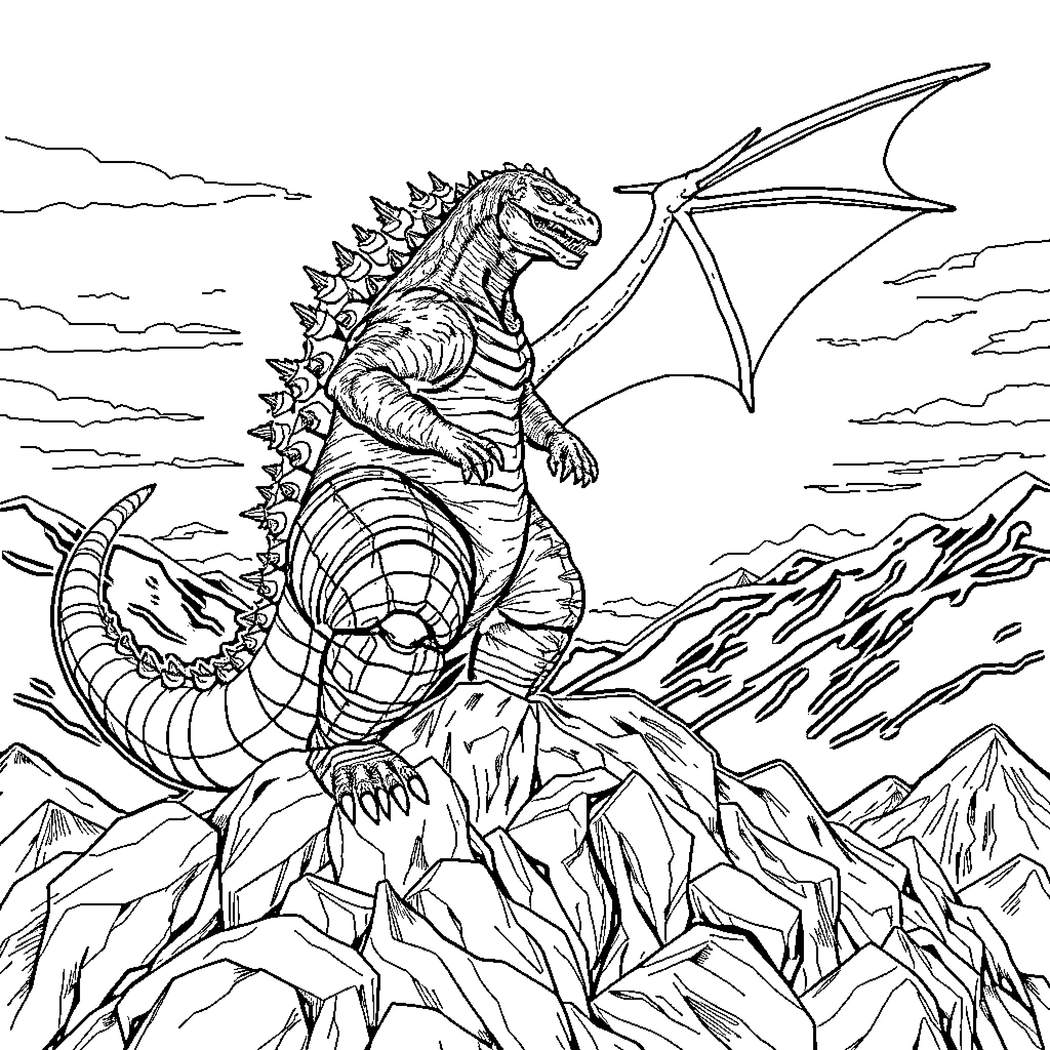 Godzilla rampaging through a mountainous landscape Coloring Page (free black-and-white line drawing printable PDF for all, from beginners to advanced learners, including children, teens, adults, and seniors)