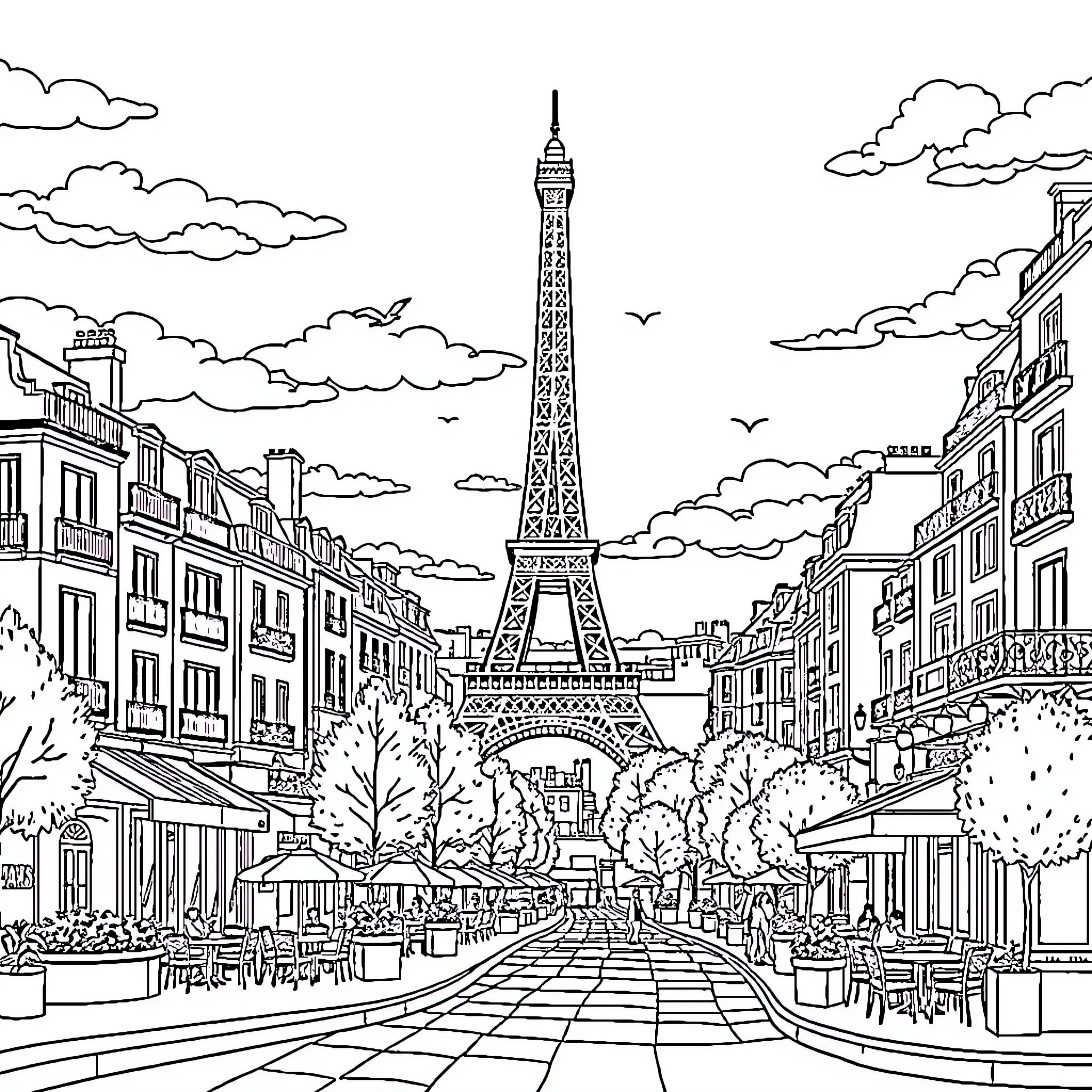 Paris street scene with iconic Eiffel Tower Coloring Page (free black-and-white line drawing printable PDF for all, from beginners to advanced learners, including children, teens, adults, and seniors)