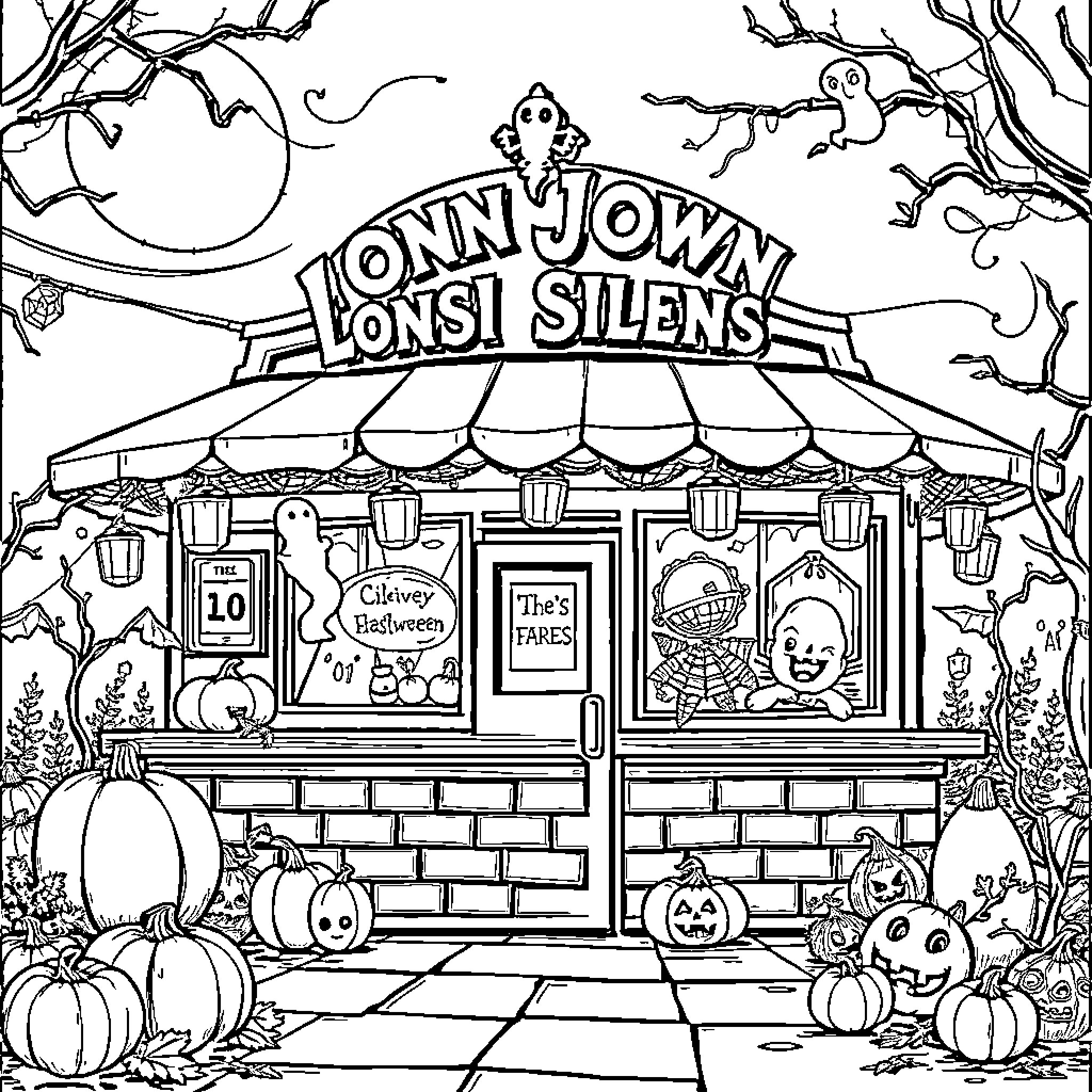 Long John Silvers' Halloween-themed seafood restaurant Coloring Page (free black-and-white line drawing printable PDF for all, from beginners to advanced learners, including children, teens, adults, and seniors)