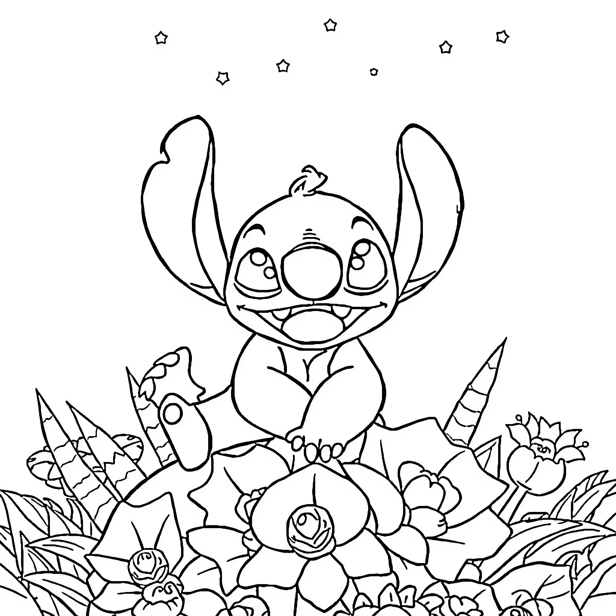 Stitch surrounded by whimsical flowers and stars Coloring Page (free black-and-white line drawing printable PDF for all, from beginners to advanced learners, including children, teens, adults, and seniors)