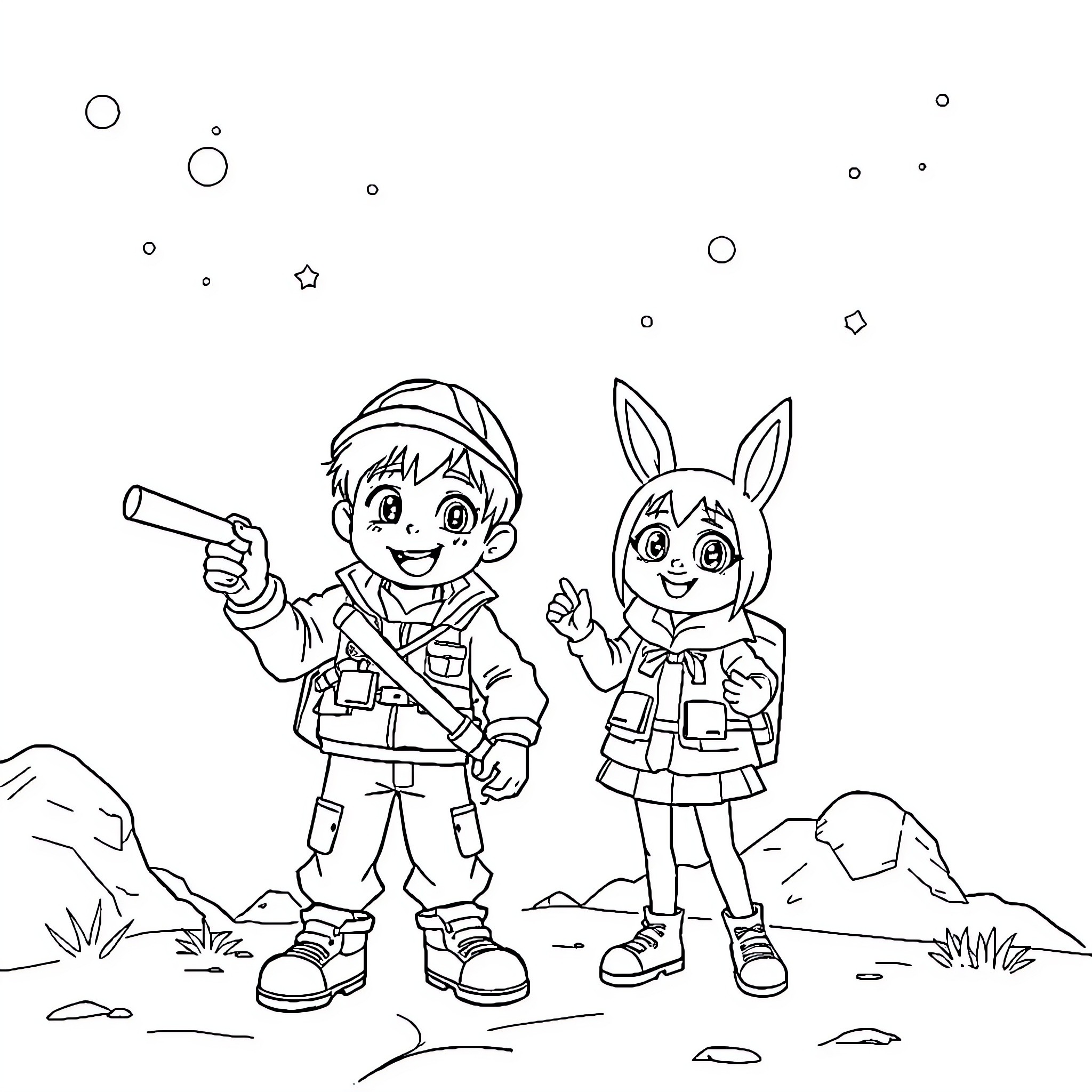 Romy and the Adventurous Duo in the Outdoors Coloring Page (free black-and-white line drawing printable PDF for all, from beginners to advanced learners, including children, teens, adults, and seniors)
