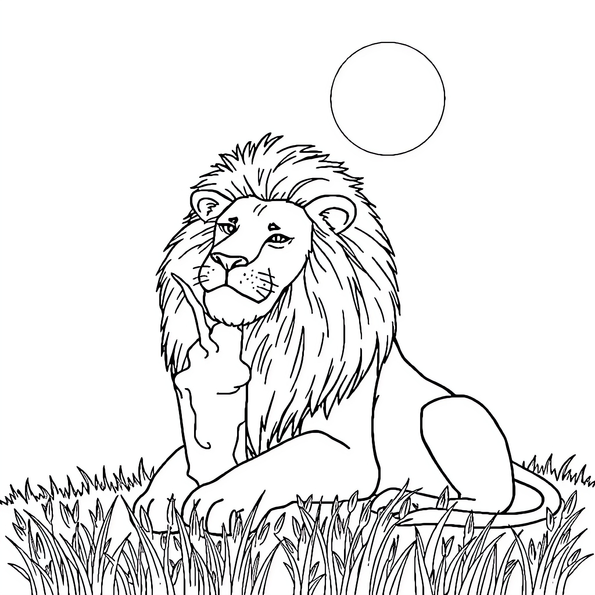 Lion resting in the grass under the sun Coloring Page (free black-and-white line drawing printable PDF for all, from beginners to advanced learners, including children, teens, adults, and seniors)