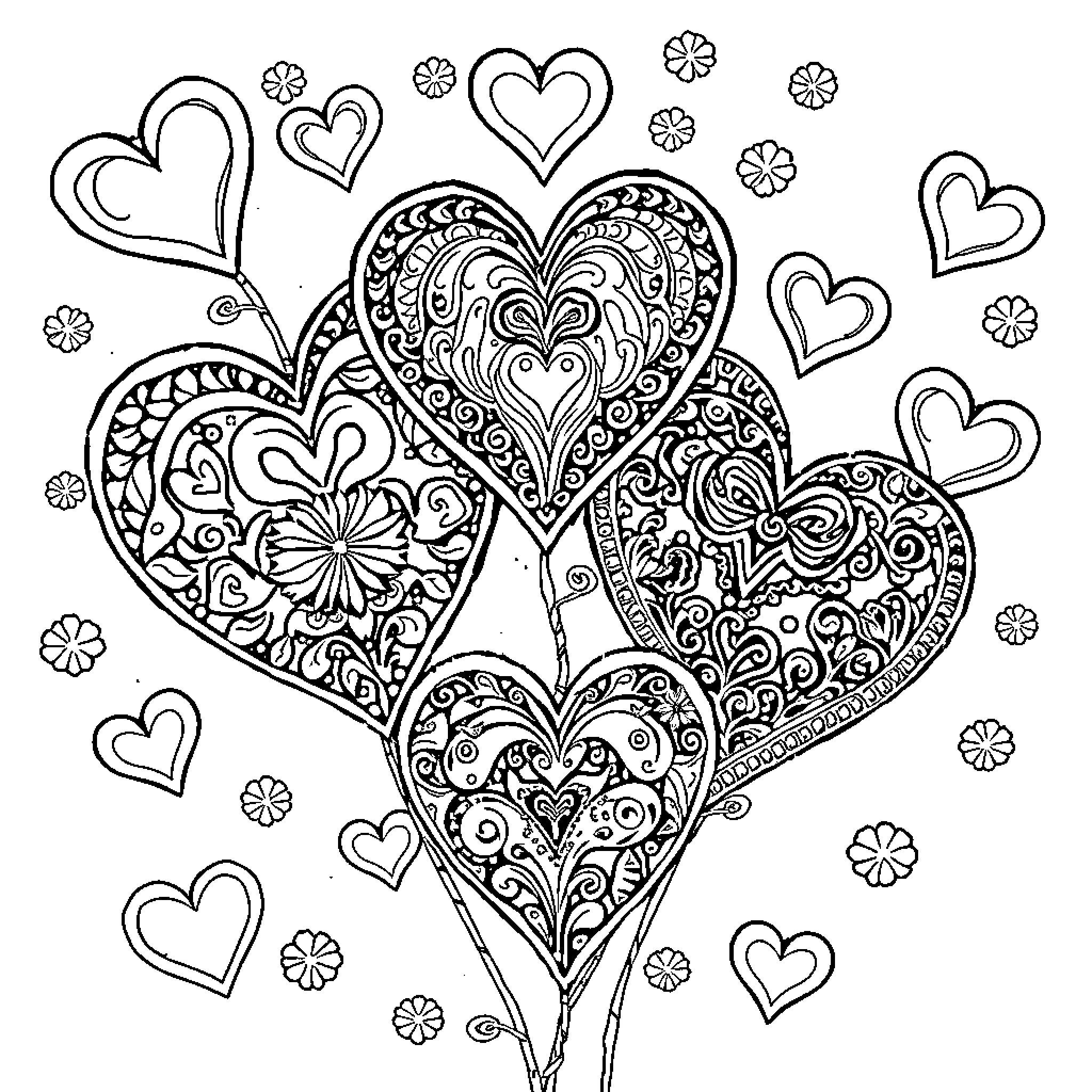 Heart-shaped Floral Designs and Patterns Coloring Page (free black-and-white line drawing printable PDF for all, from beginners to advanced learners, including children, teens, adults, and seniors)