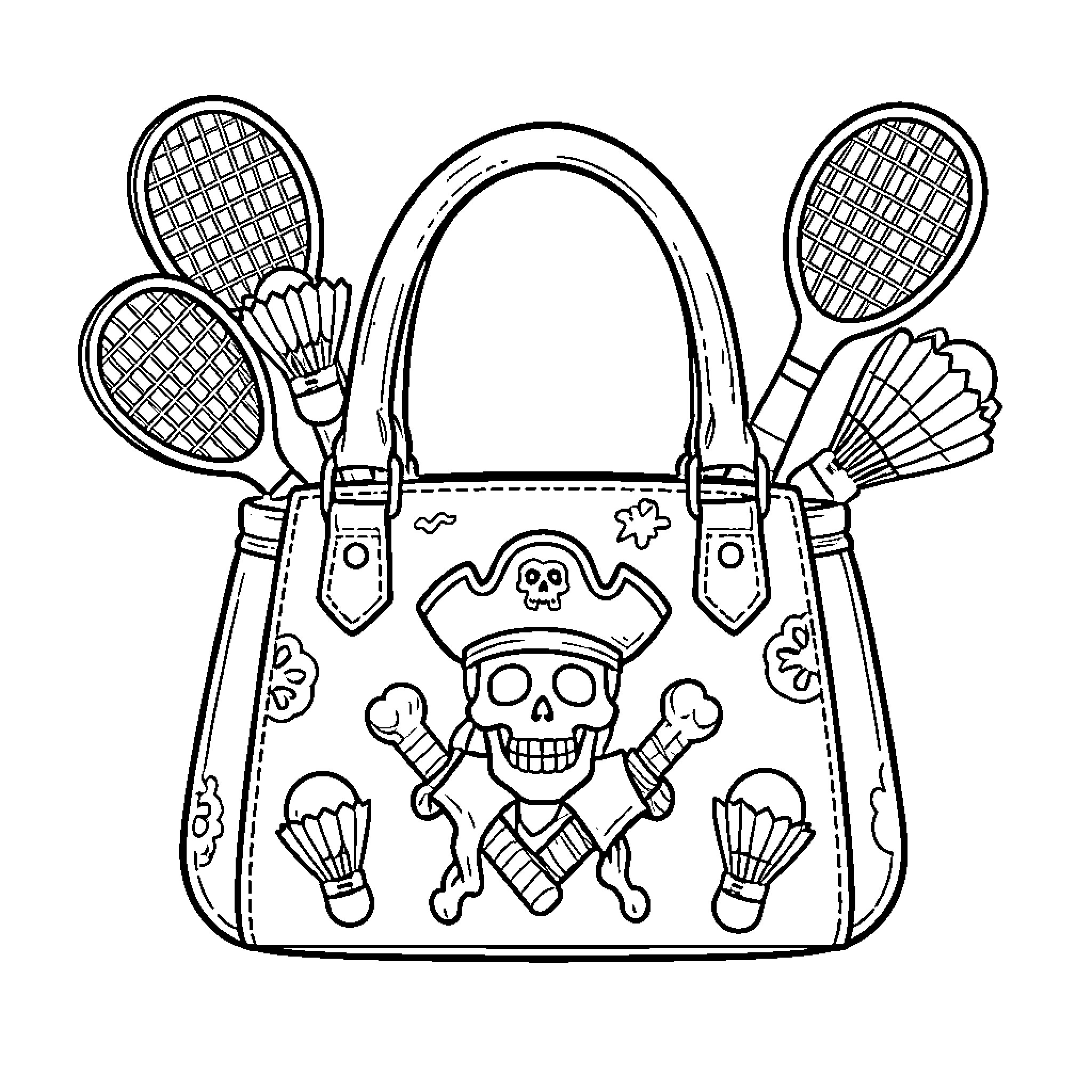Sac À Main holding badminton rackets and shuttlecocks Coloring Page (free black-and-white line drawing printable PDF for all, from beginners to advanced learners, including children, teens, adults, and seniors)