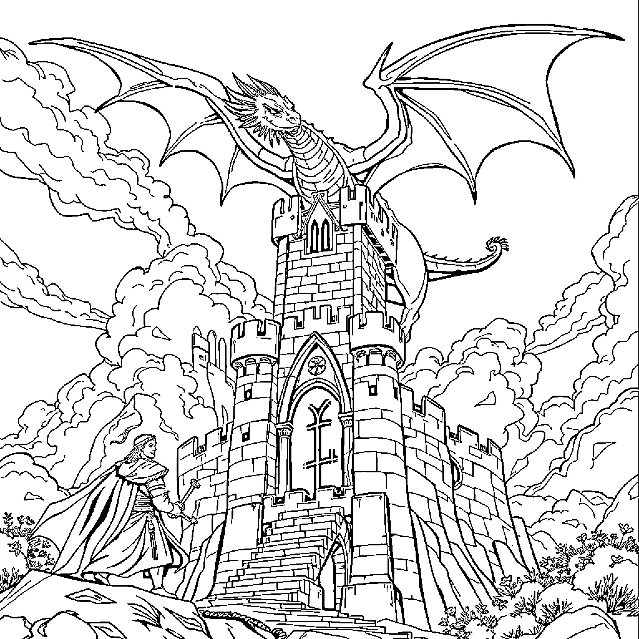 Dragon guarding a majestic castle on a cloudy day Coloring Page (free black-and-white line drawing printable PDF for all, from beginners to advanced learners, including children, teens, adults, and seniors)