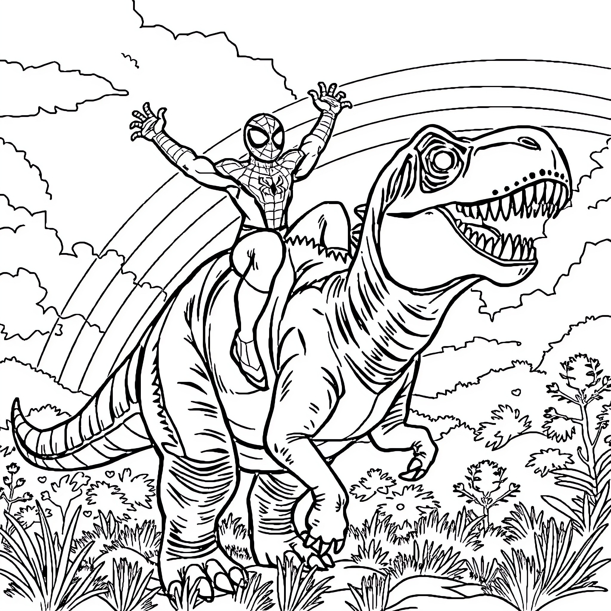 Spiderman Riding a Fearsome Dinosaur Through the Wilderness Coloring Page (free black-and-white line drawing printable PDF for all, from beginners to advanced learners, including children, teens, adults, and seniors)