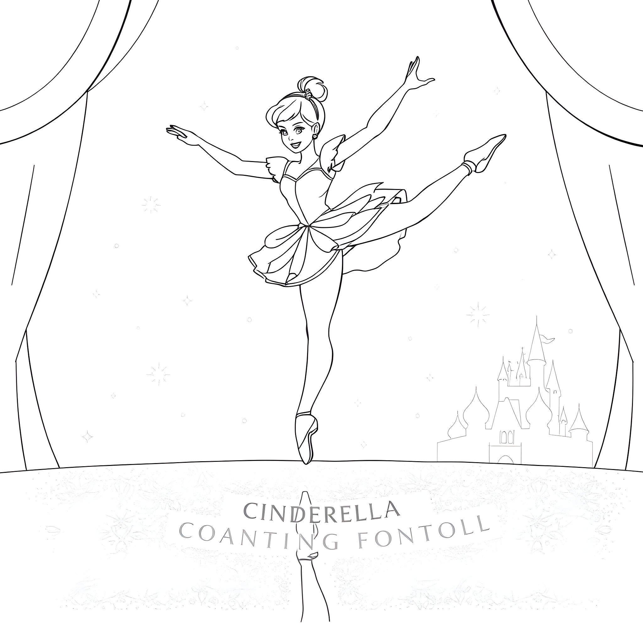 Cinderella Performing a Dance on Stage Coloring Page (free black-and-white line drawing printable PDF for all, from beginners to advanced learners, including children, teens, adults, and seniors)