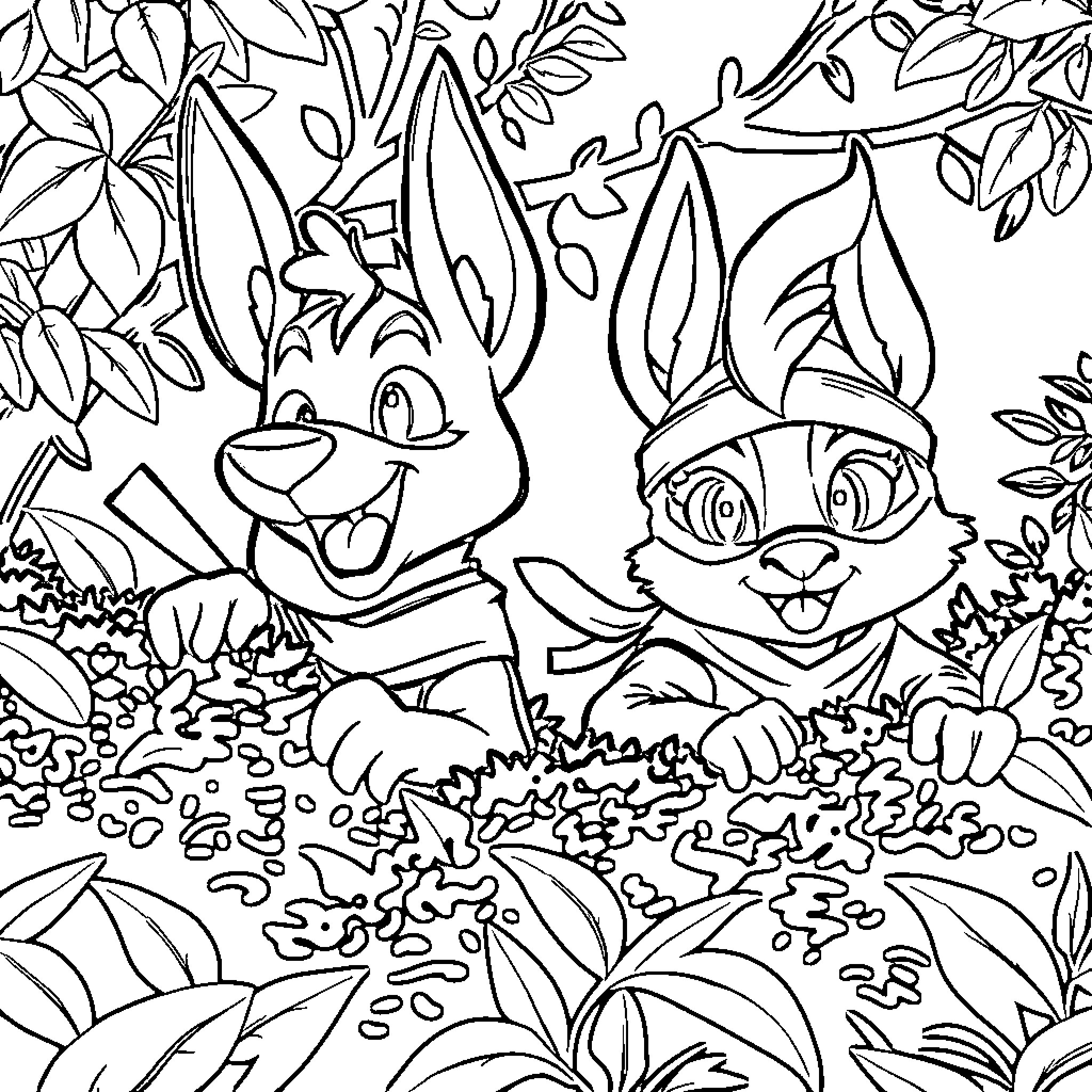 Bluey and Bingo's Adventure in the Enchanted Forest Coloring Page (free black-and-white line drawing printable PDF for all, from beginners to advanced learners, including children, teens, adults, and seniors)