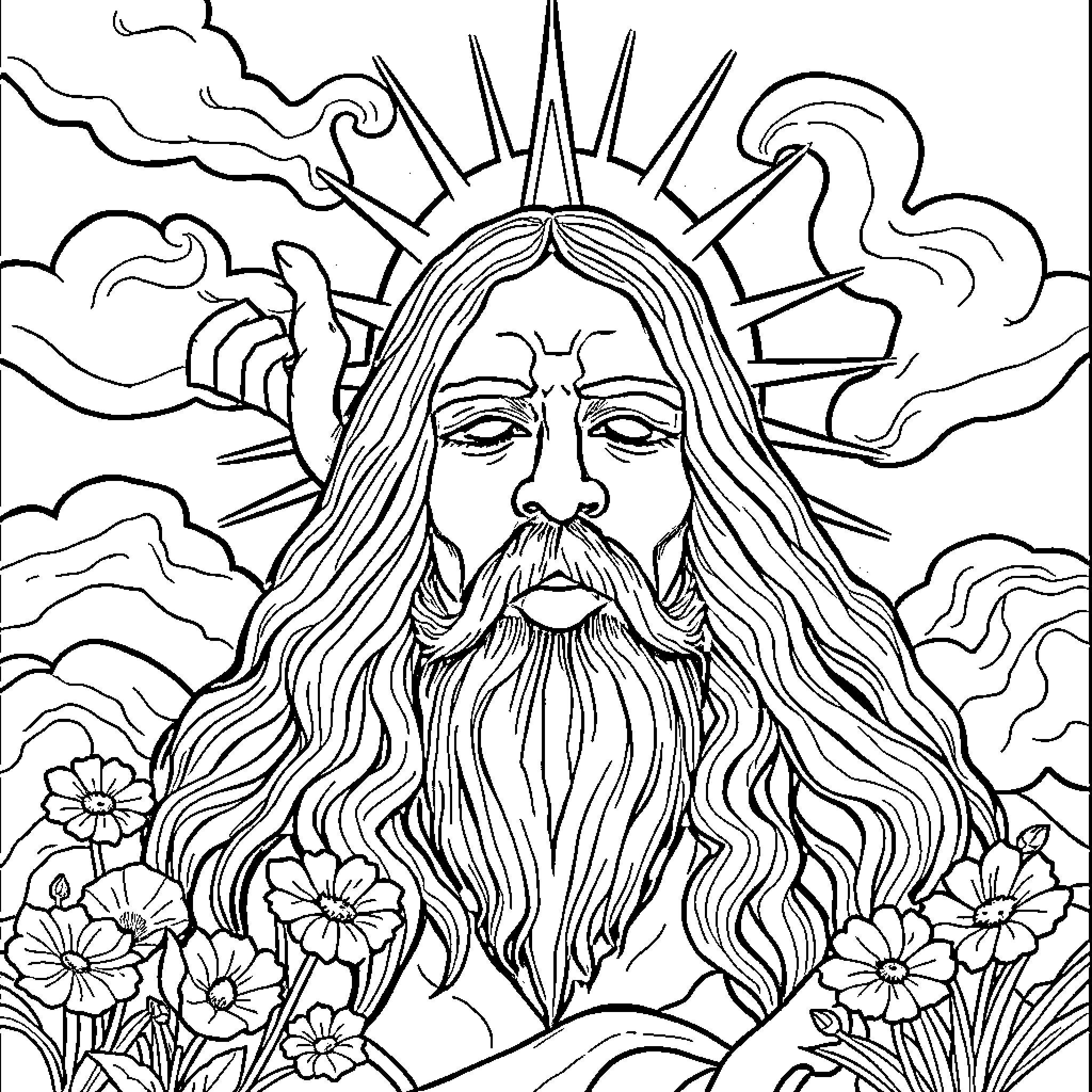 God's Ethereal Visage amid Celestial Splendor Coloring Page (free black-and-white line drawing printable PDF for all, from beginners to advanced learners, including children, teens, adults, and seniors)