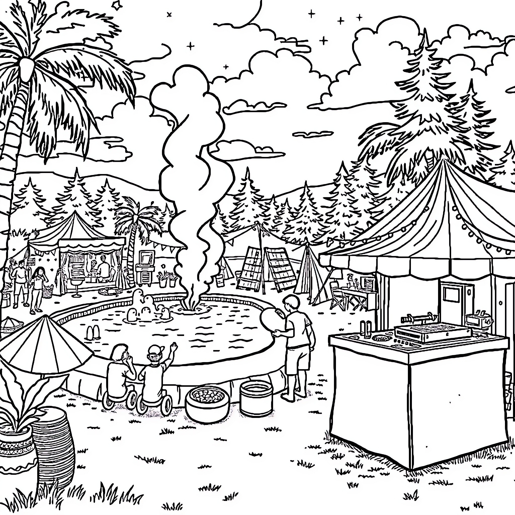 Camping in a lively outdoor festival scene Coloring Page (free black-and-white line drawing printable PDF for all, from beginners to advanced learners, including children, teens, adults, and seniors)