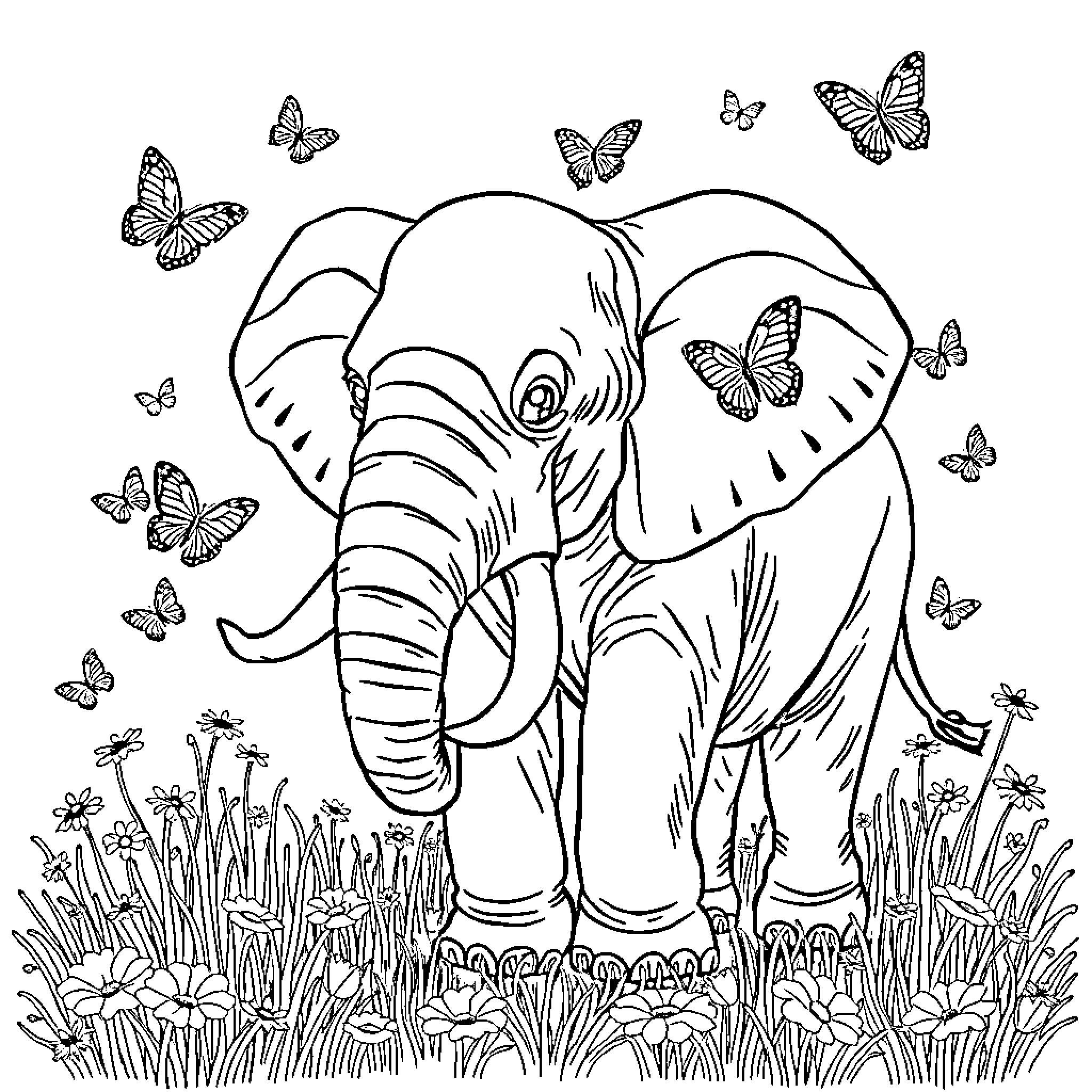 Elephant surrounded by butterflies in lush meadow Coloring Page (free black-and-white line drawing printable PDF for all, from beginners to advanced learners, including children, teens, adults, and seniors)