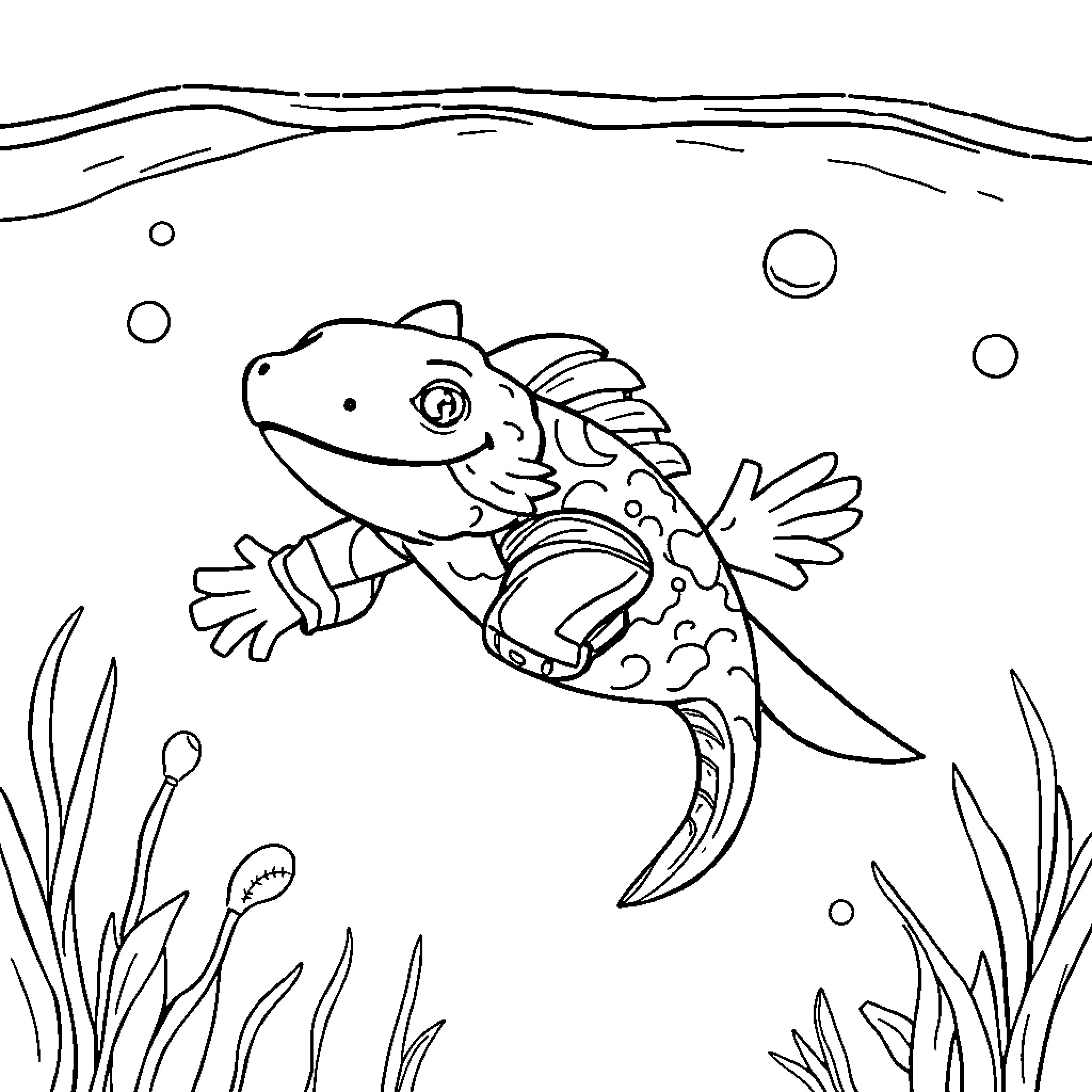 Axolotl swimming through an underwater scene Coloring Page (free black-and-white line drawing printable PDF for all, from beginners to advanced learners, including children, teens, adults, and seniors)