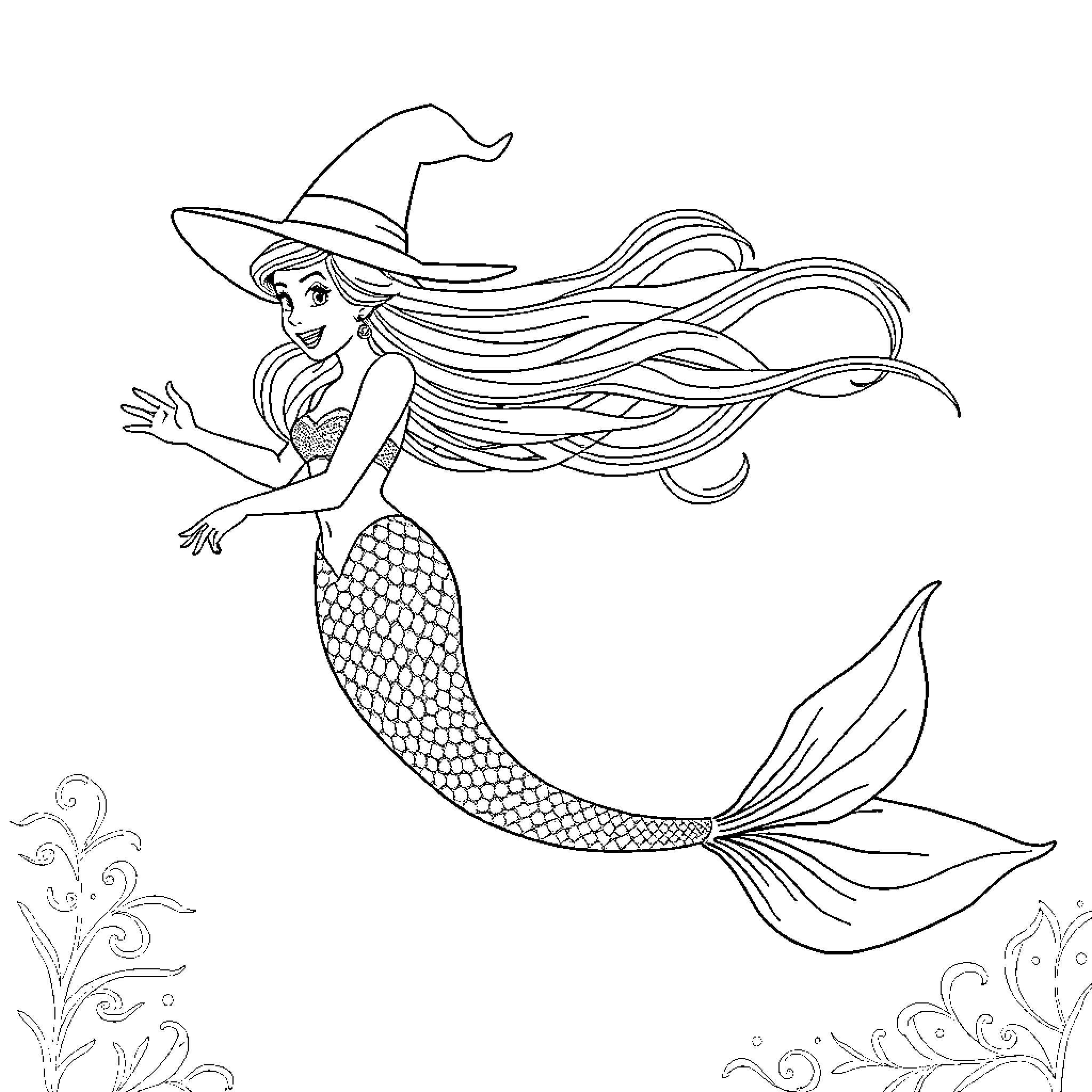 Glinda the Enchanted Mermaid Underwater Adventure Coloring Page (free black-and-white line drawing printable PDF for all, from beginners to advanced learners, including children, teens, adults, and seniors)