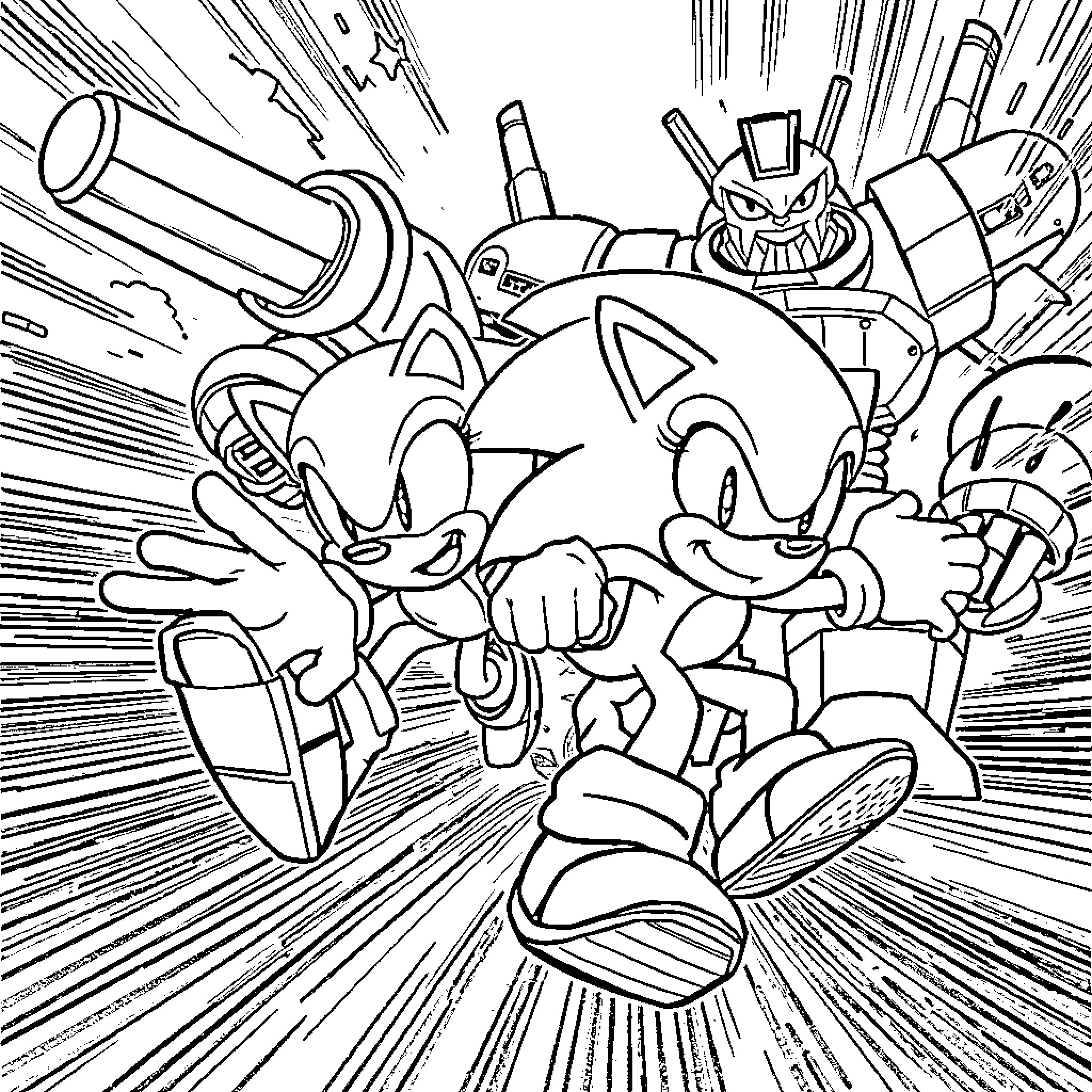 Sonic heroes battling against a giant robot Coloring Page (free black-and-white line drawing printable PDF for all, from beginners to advanced learners, including children, teens, adults, and seniors)