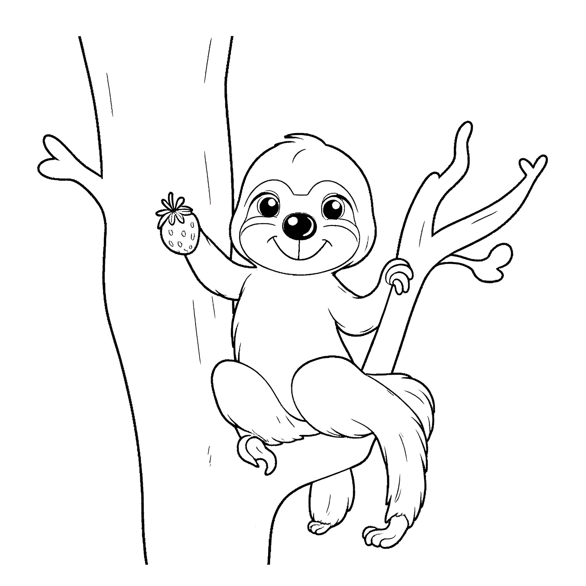 Sloth enjoying a tasty snack in the tree Coloring Page (free black-and-white line drawing printable PDF for all, from beginners to advanced learners, including children, teens, adults, and seniors)