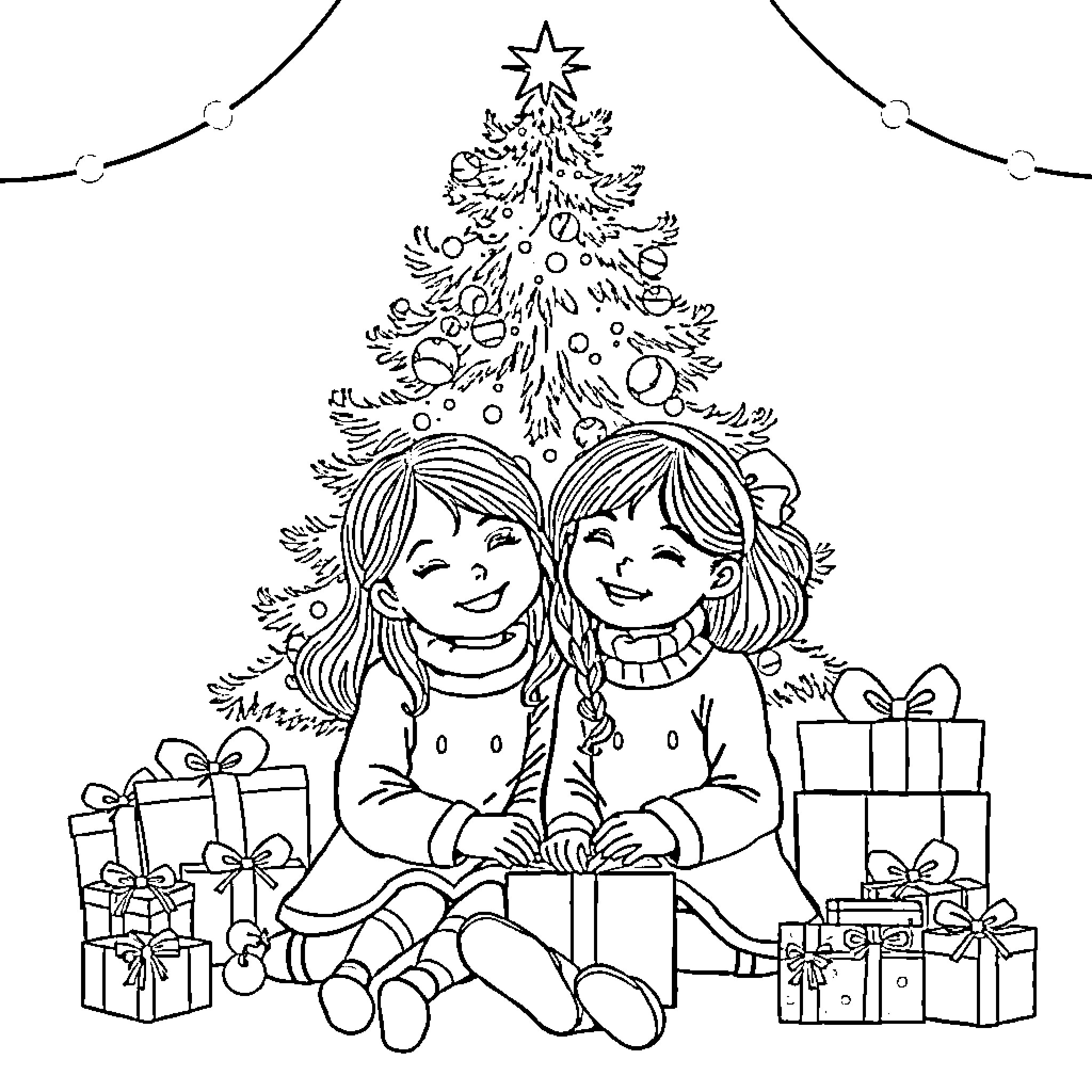 Sister's Christmas Fun with Tree and Gifts Coloring Page (free black-and-white line drawing printable PDF for all, from beginners to advanced learners, including children, teens, adults, and seniors)