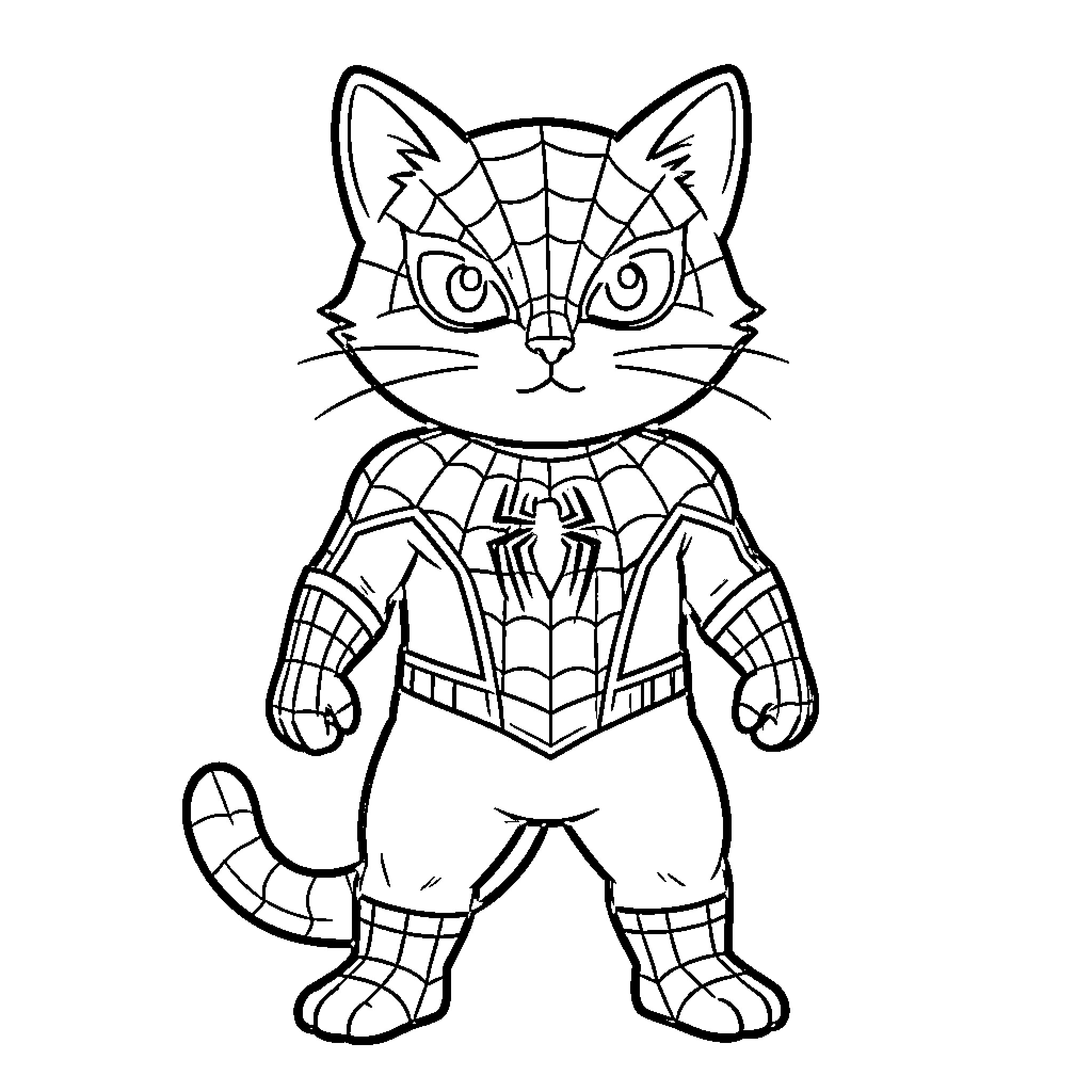 Spider-Man Cat in Superhero Costume Coloring Page (free black-and-white line drawing printable PDF for all, from beginners to advanced learners, including children, teens, adults, and seniors)