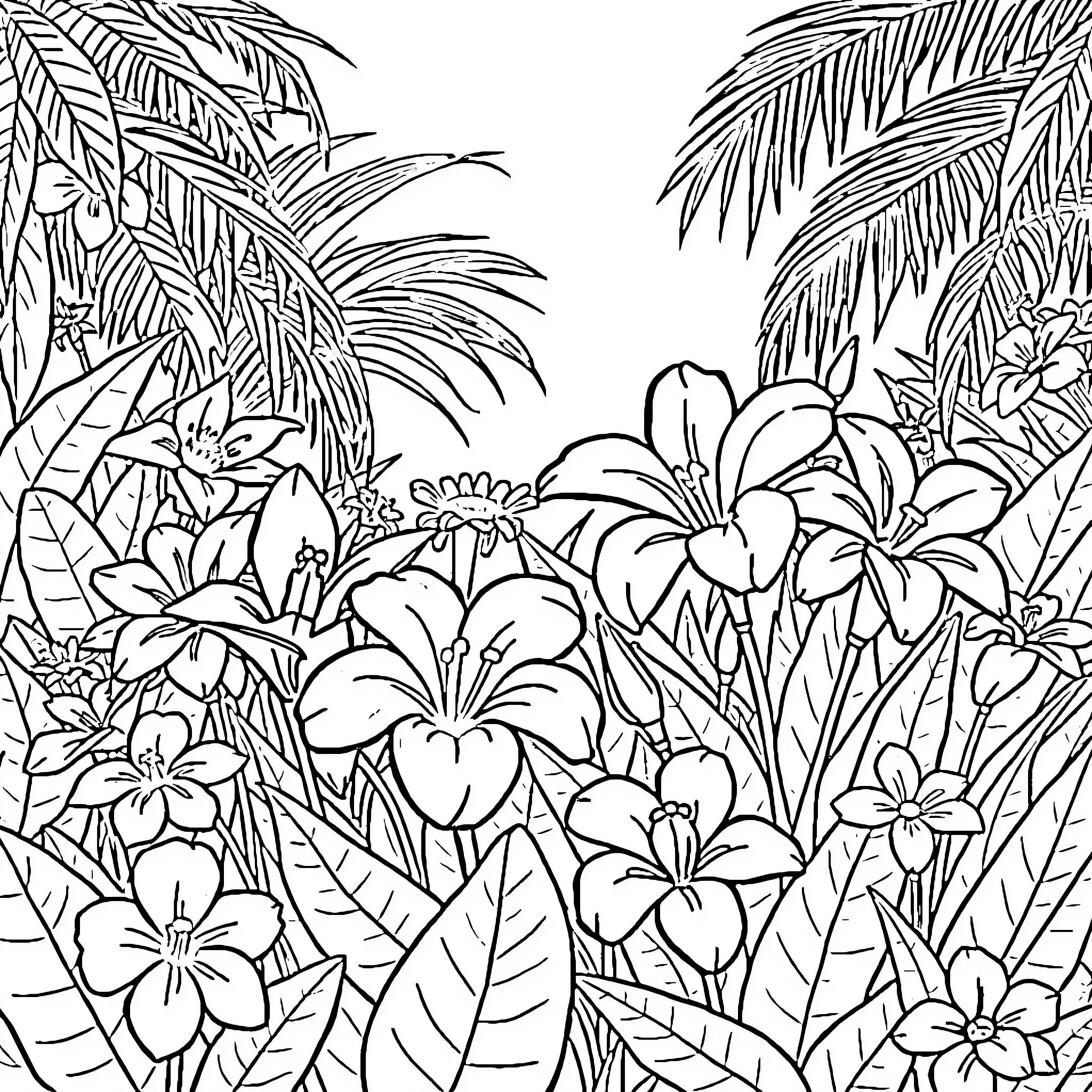 Flower Garden with Tropical Foliage Coloring Page (free black-and-white line drawing printable PDF for all, from beginners to advanced learners, including children, teens, adults, and seniors)
