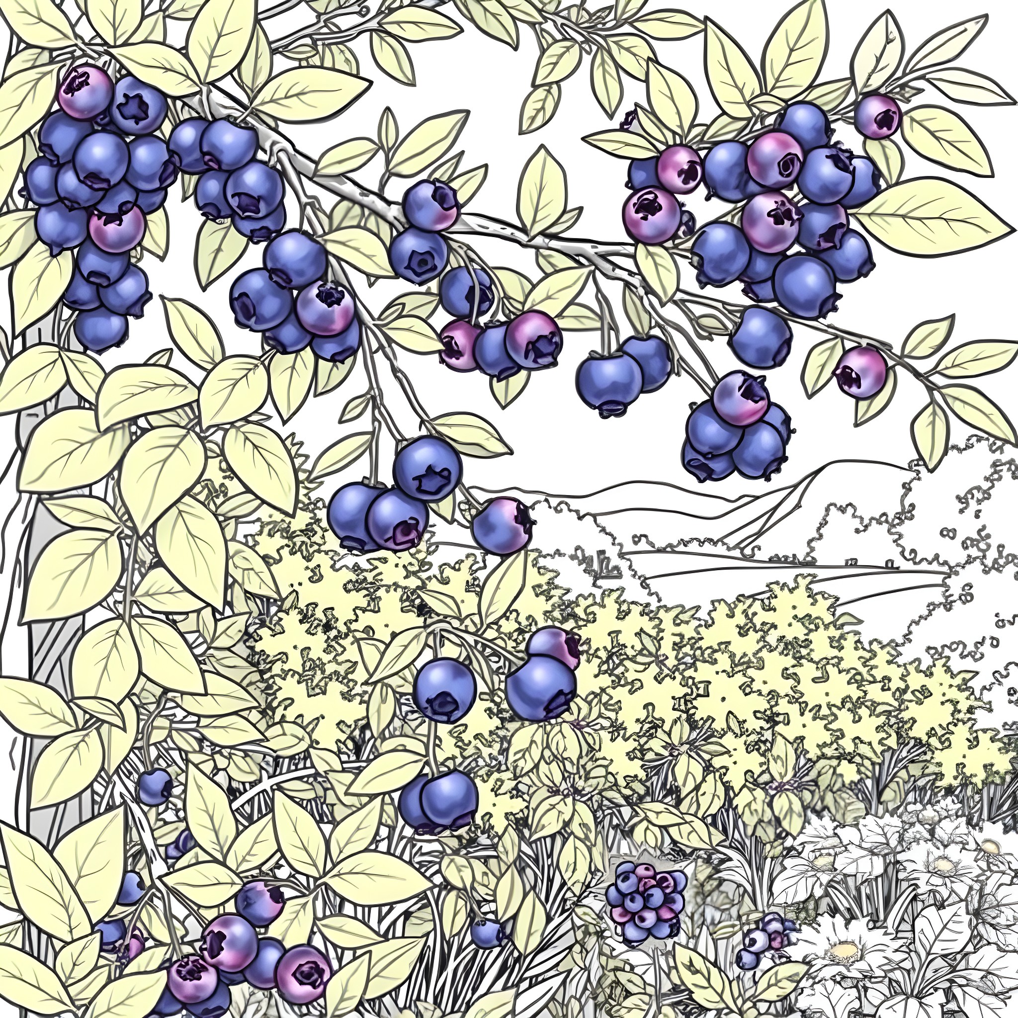 Blueberry Bushes Blooming in a Garden Landscape Coloring Page (free black-and-white line drawing printable PDF for all, from beginners to advanced learners, including children, teens, adults, and seniors)