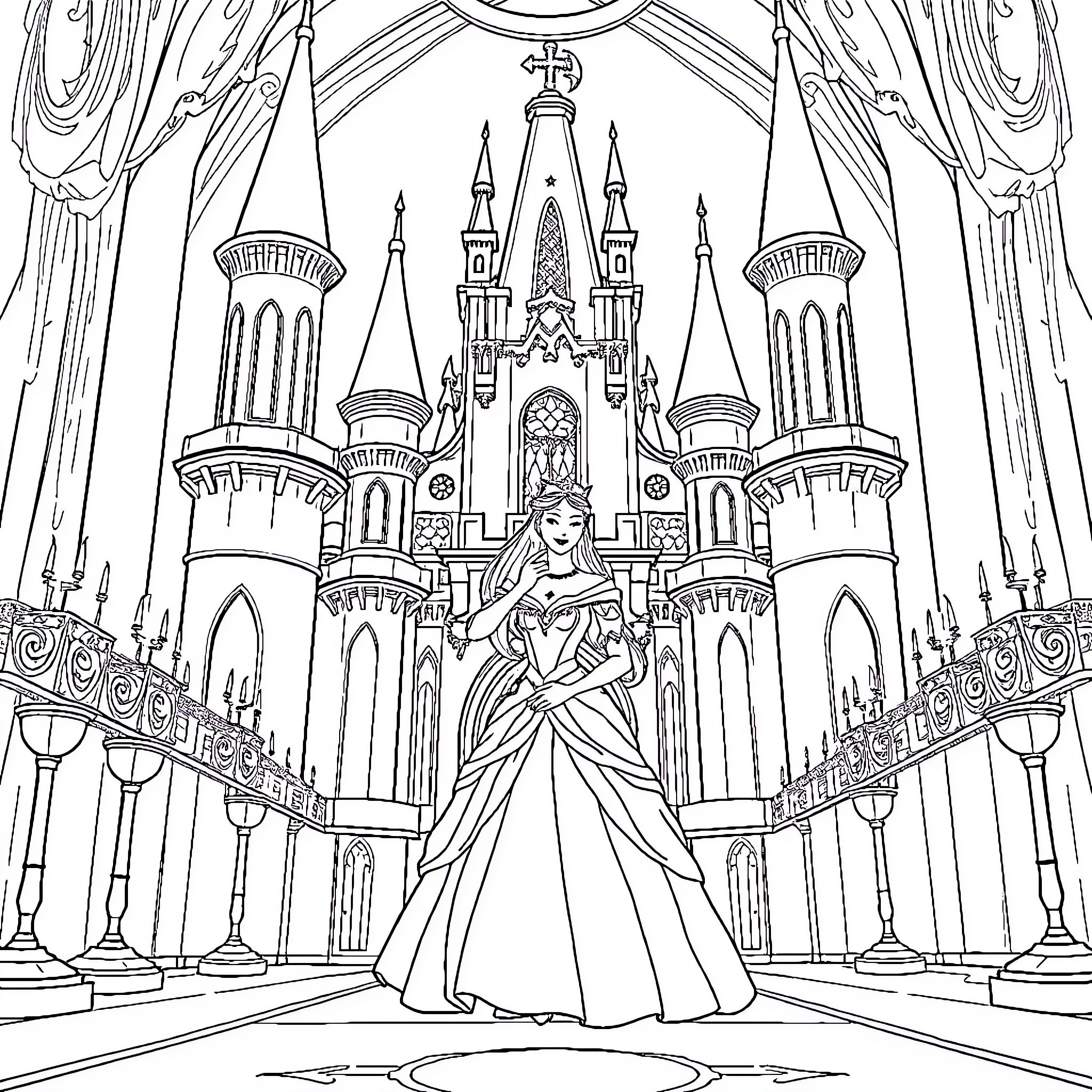 Princess in Majestic Castle Coloring Page (free black-and-white line drawing printable PDF for all, from beginners to advanced learners, including children, teens, adults, and seniors)