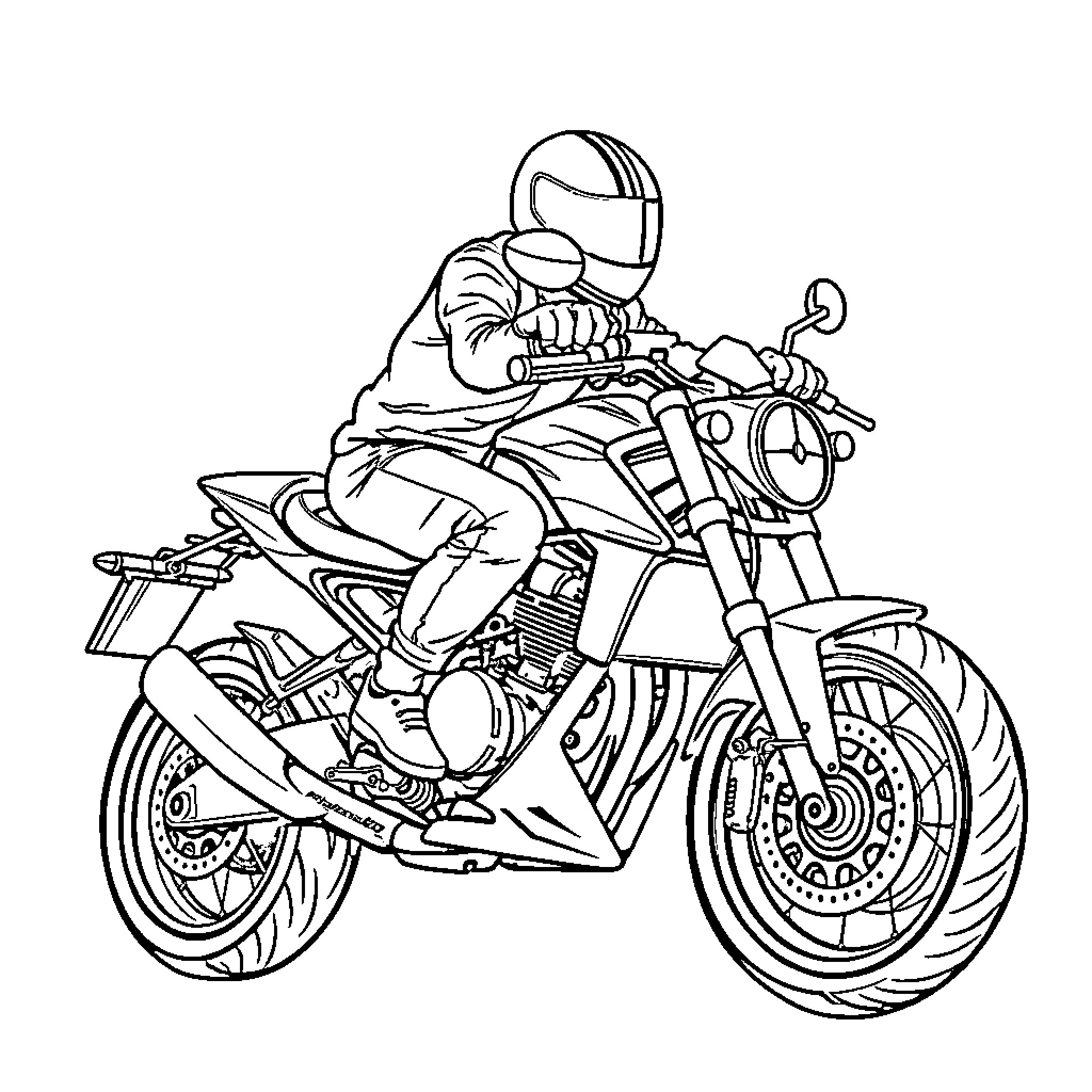 Motorcycle rider in action on the road Coloring Page (free black-and-white line drawing printable PDF for all, from beginners to advanced learners, including children, teens, adults, and seniors)