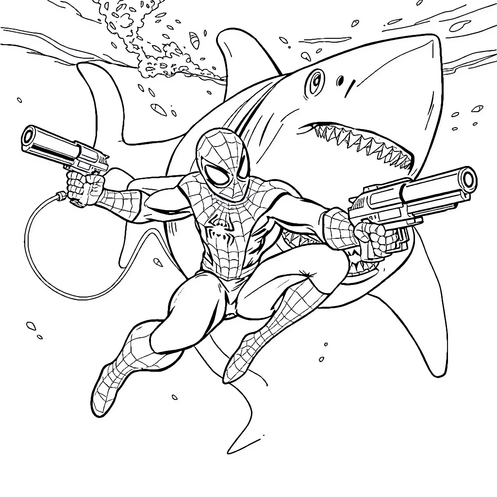 Spiderman fighting a giant shark with guns Coloring Page (free black-and-white line drawing printable PDF for all, from beginners to advanced learners, including children, teens, adults, and seniors)