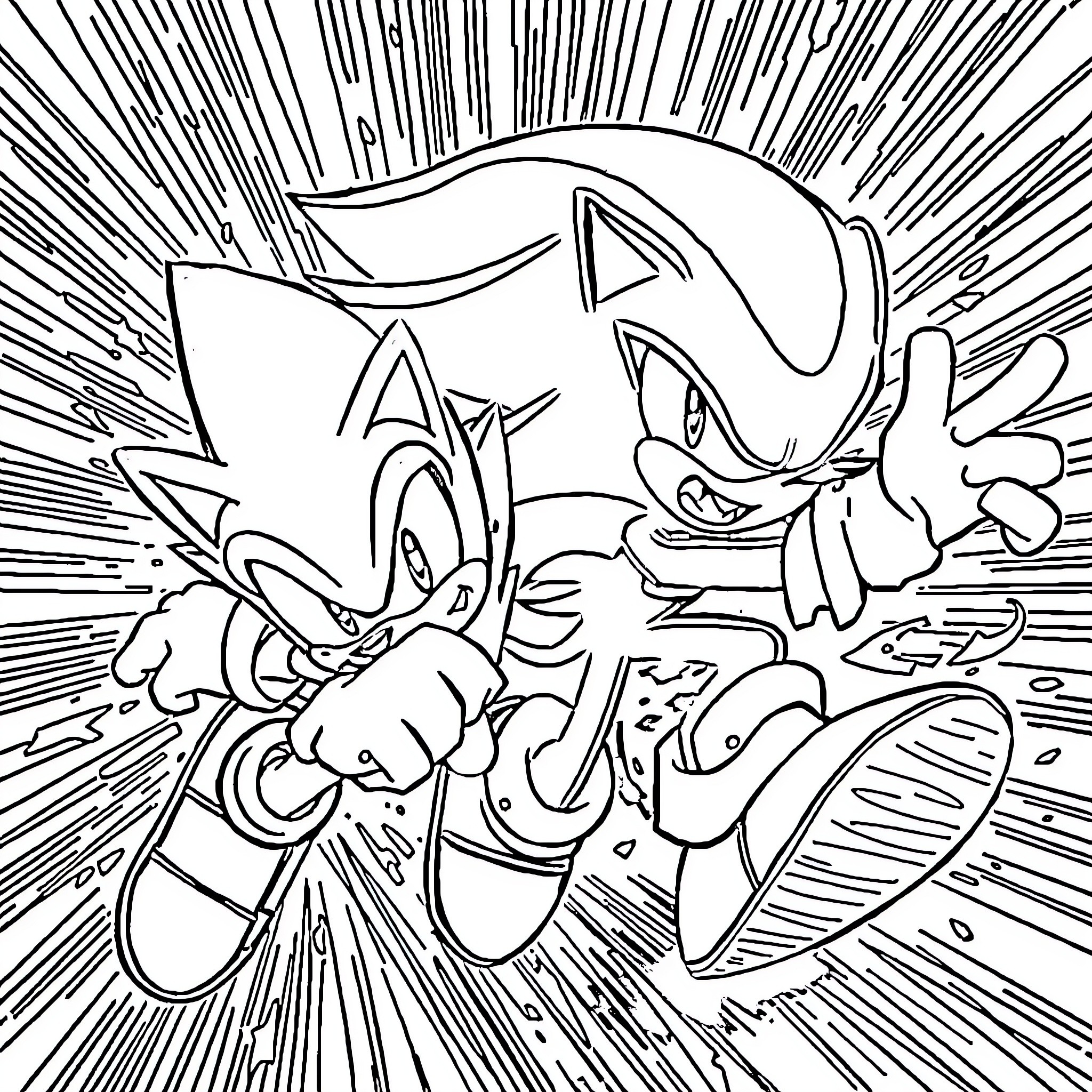 Sonic characters in action-packed scene Coloring Page (free black-and-white line drawing printable PDF for all, from beginners to advanced learners, including children, teens, adults, and seniors)