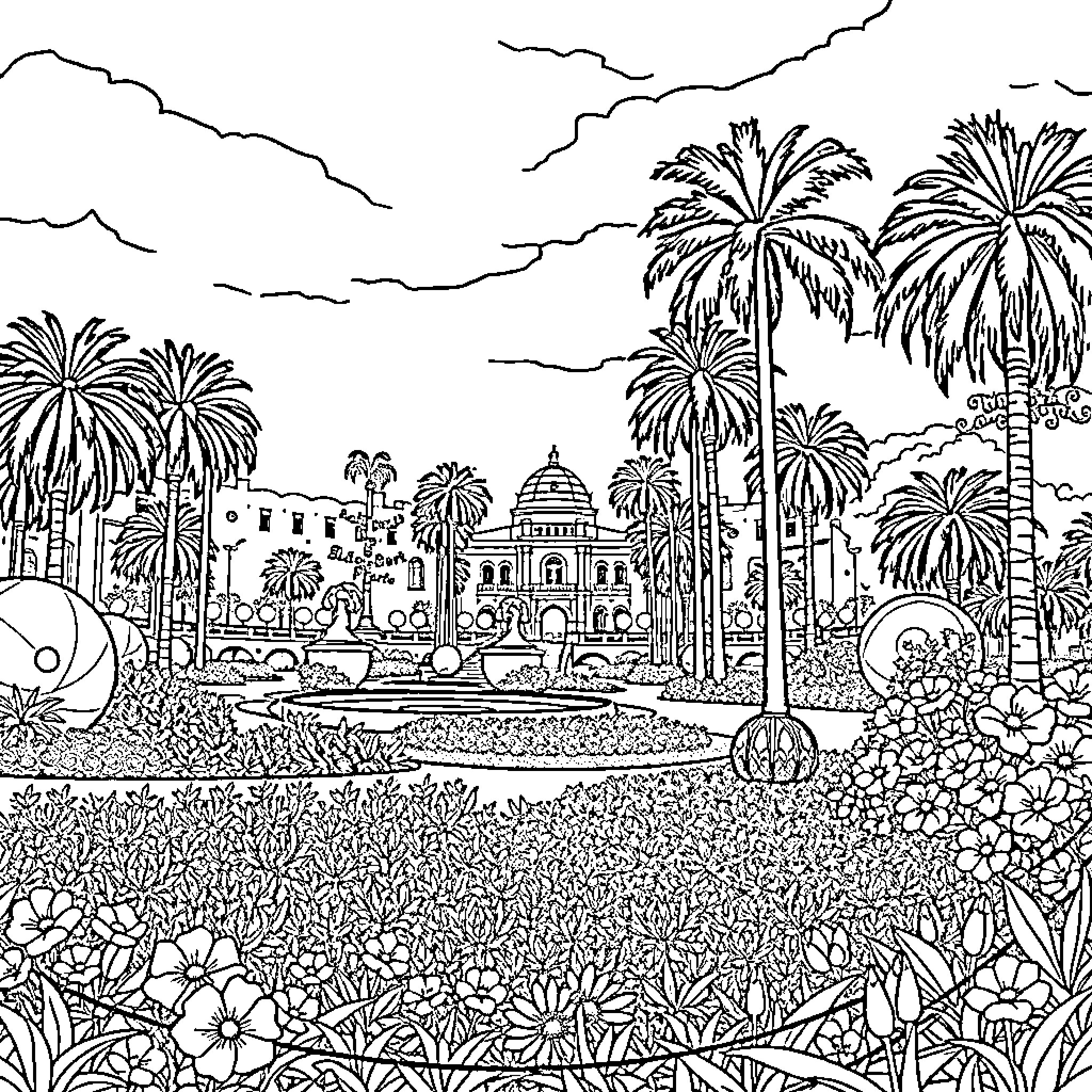 Balboa Park scene with palm trees and architecture Coloring Page (free black-and-white line drawing printable PDF for all, from beginners to advanced learners, including children, teens, adults, and seniors)