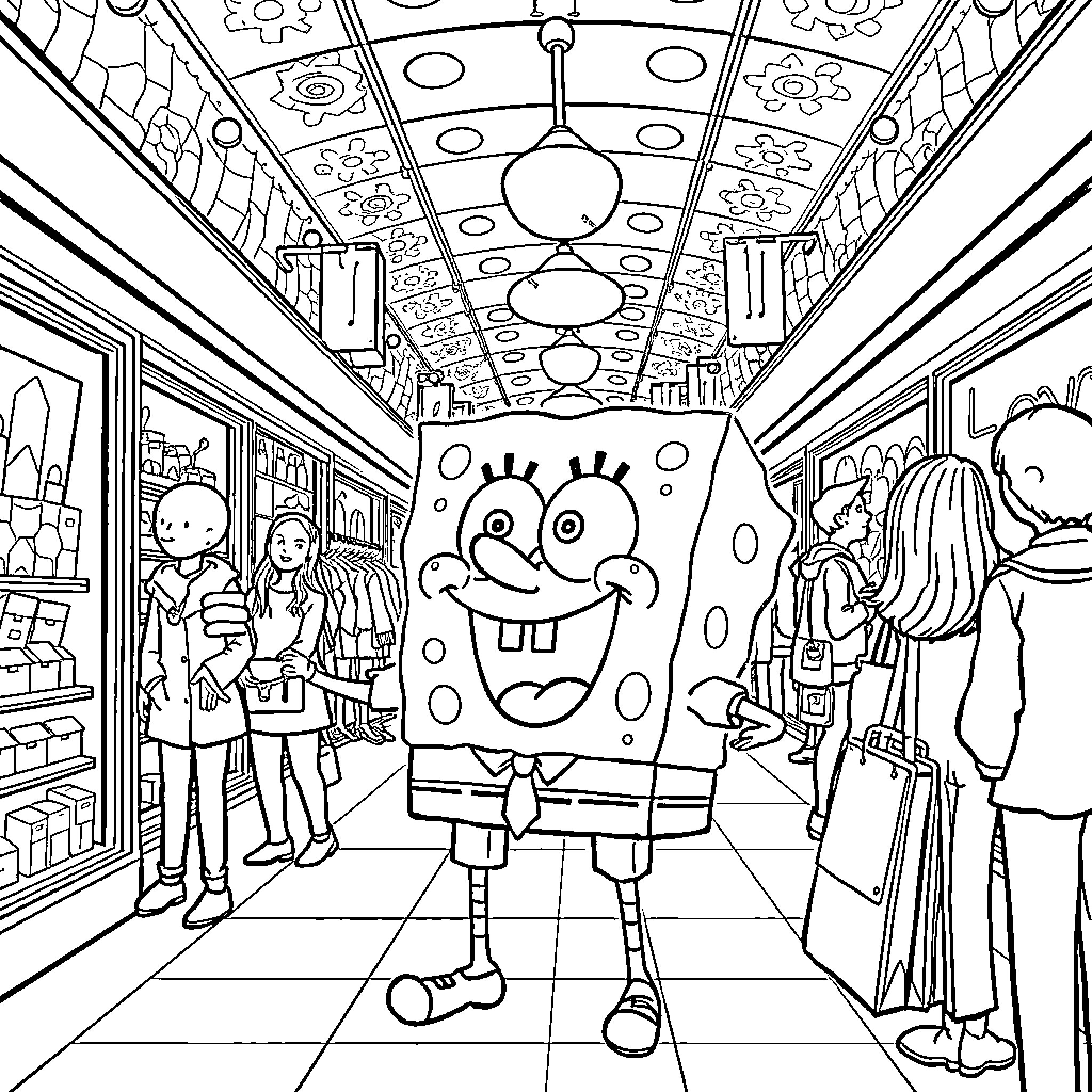 Spongebob smiling happily while walking through a shopping mall Coloring Page (free black-and-white line drawing printable PDF for all, from beginners to advanced learners, including children, teens, adults, and seniors)