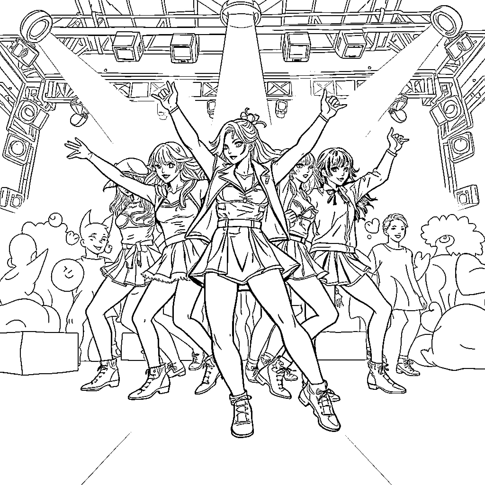 K Pop Performers on Stage Celebrating Coloring Page (free black-and-white line drawing printable PDF for all, from beginners to advanced learners, including children, teens, adults, and seniors)