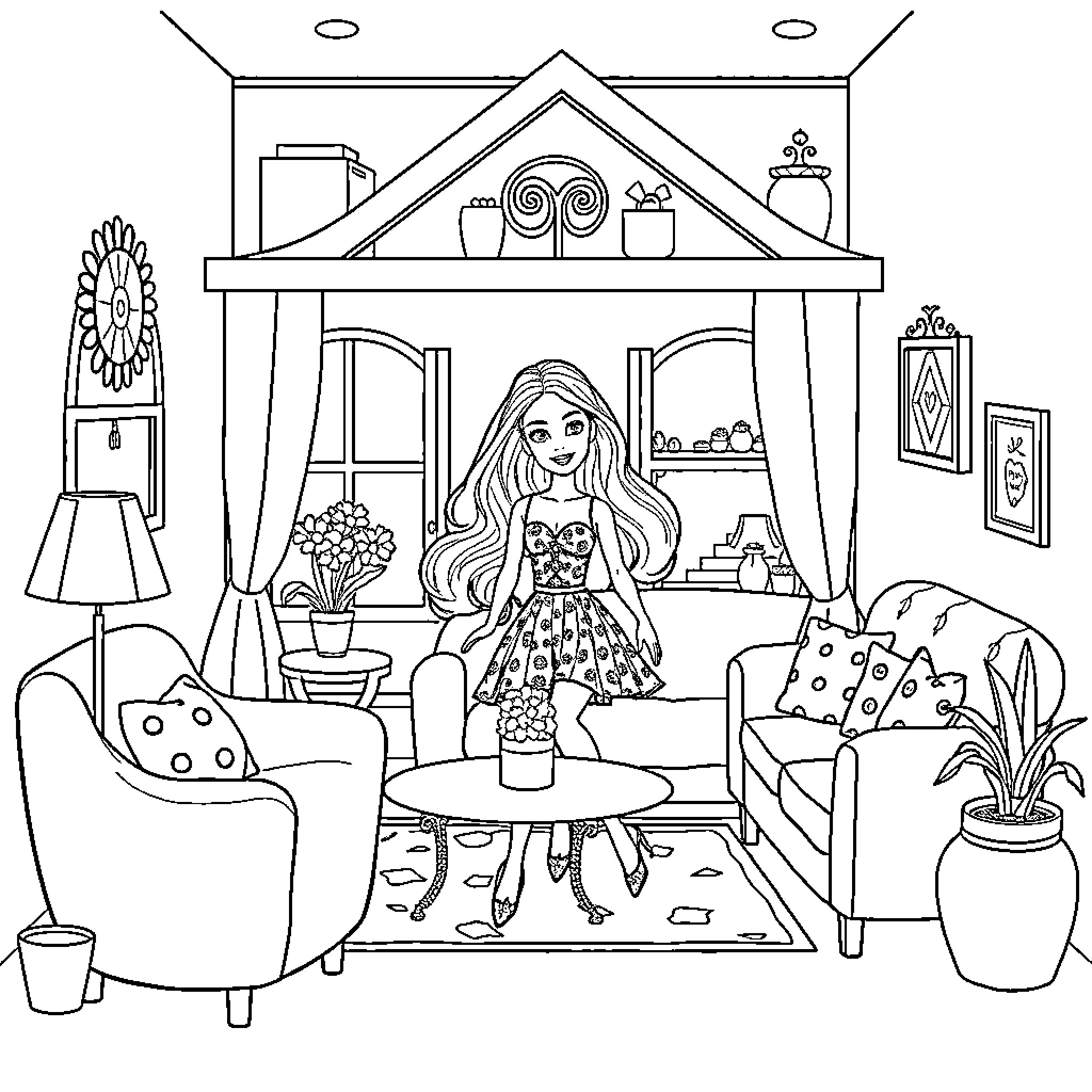 Barbie enjoying a cozy day at home Coloring Page (free black-and-white line drawing printable PDF for all, from beginners to advanced learners, including children, teens, adults, and seniors)