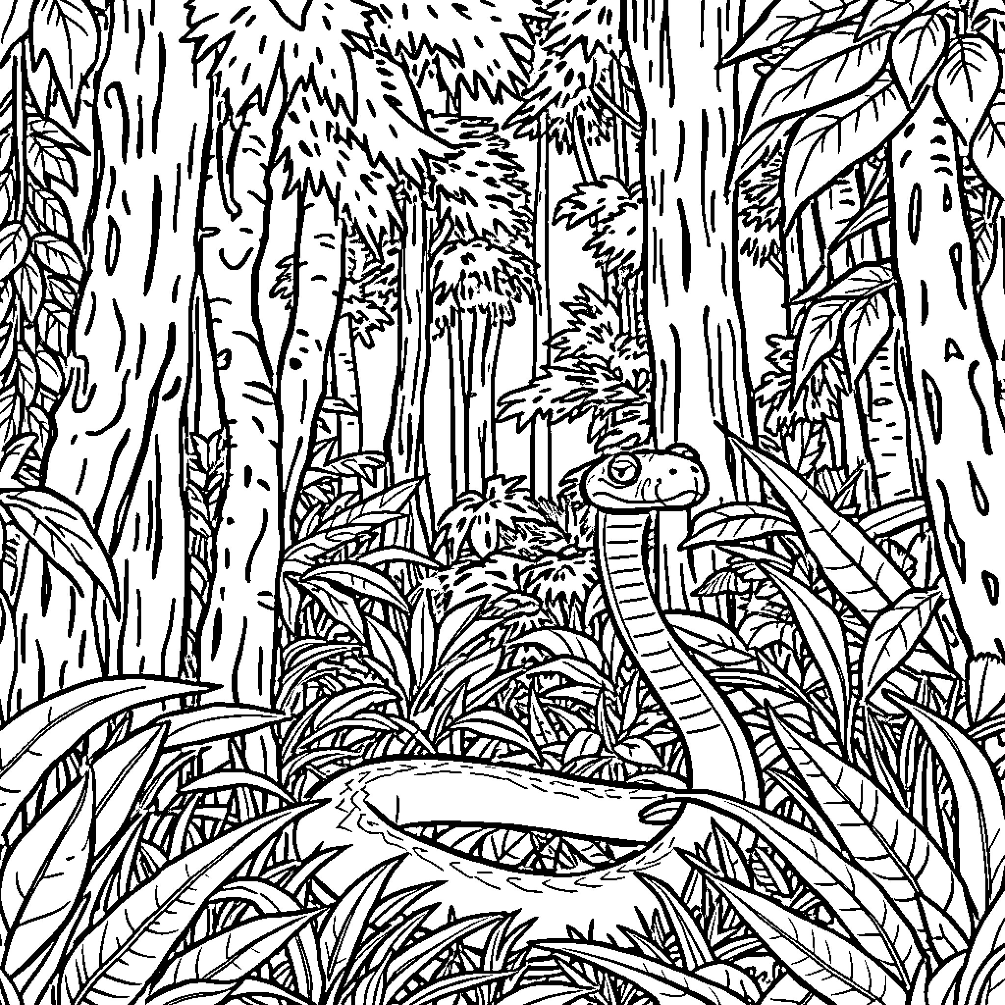 Snake Slithering Through Lush Jungle Foliage Coloring Page (free black-and-white line drawing printable PDF for all, from beginners to advanced learners, including children, teens, adults, and seniors)