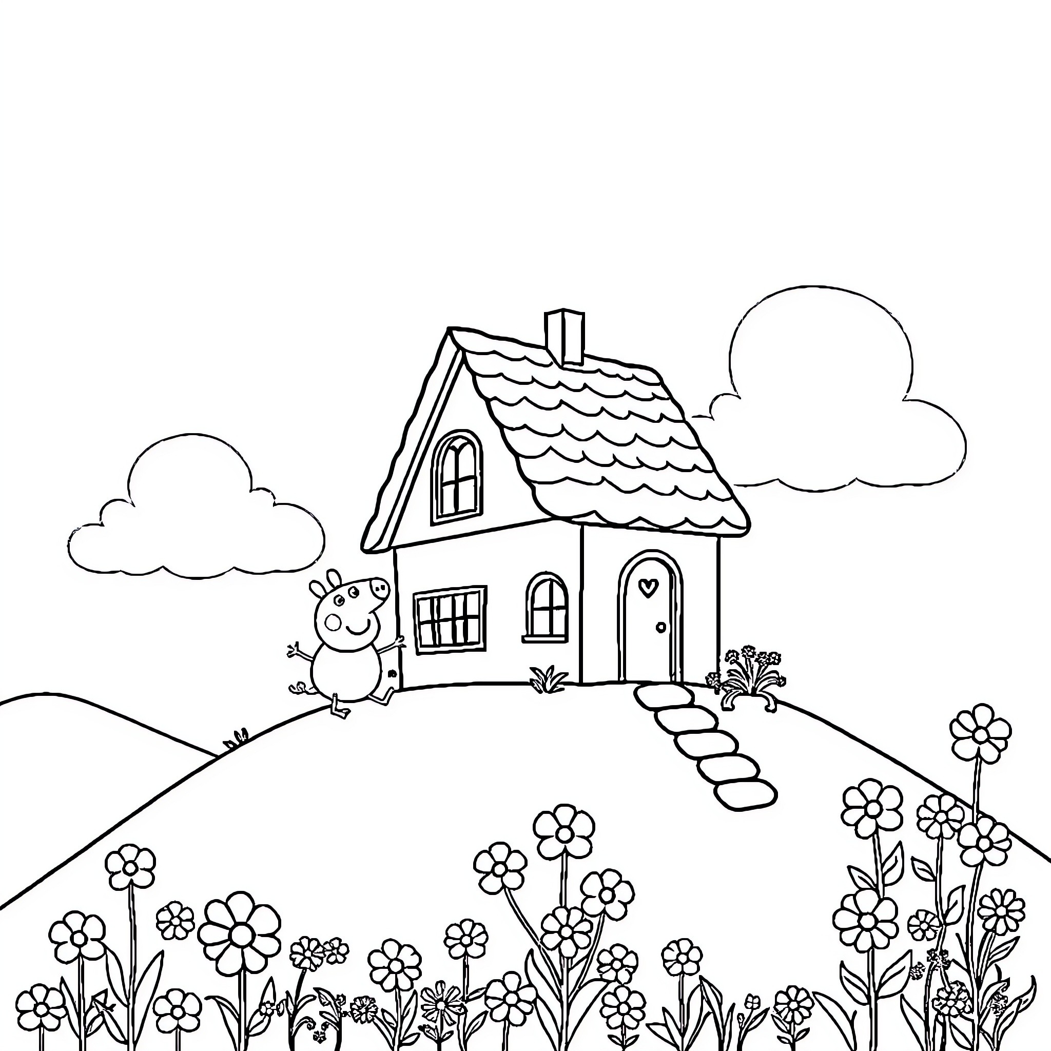 Peppa Pig's Quaint Cottage in the Countryside Coloring Page (free black-and-white line drawing printable PDF for all, from beginners to advanced learners, including children, teens, adults, and seniors)