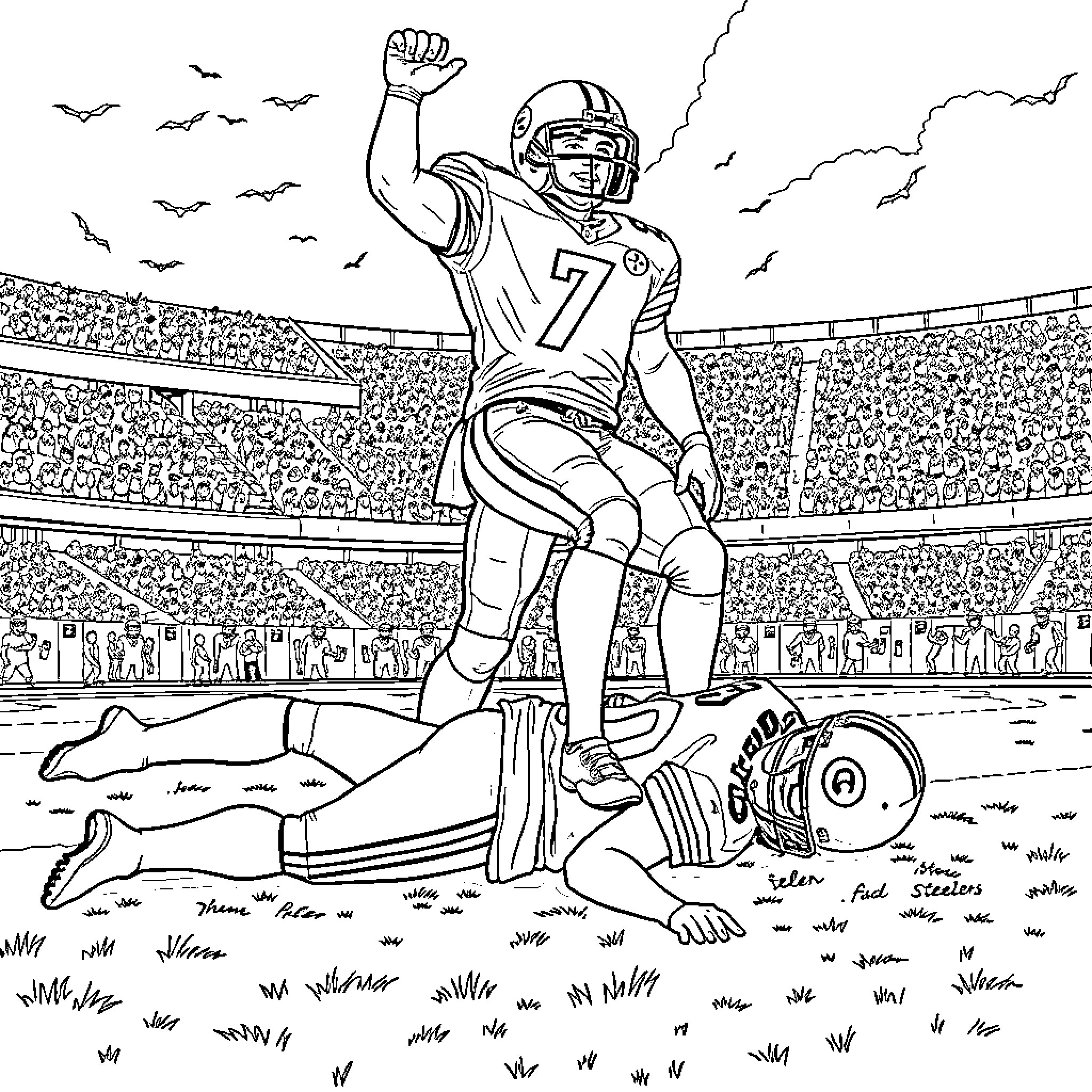Football Player Celebrating Victory in Stadium Coloring Page (free black-and-white line drawing printable PDF for all, from beginners to advanced learners, including children, teens, adults, and seniors)