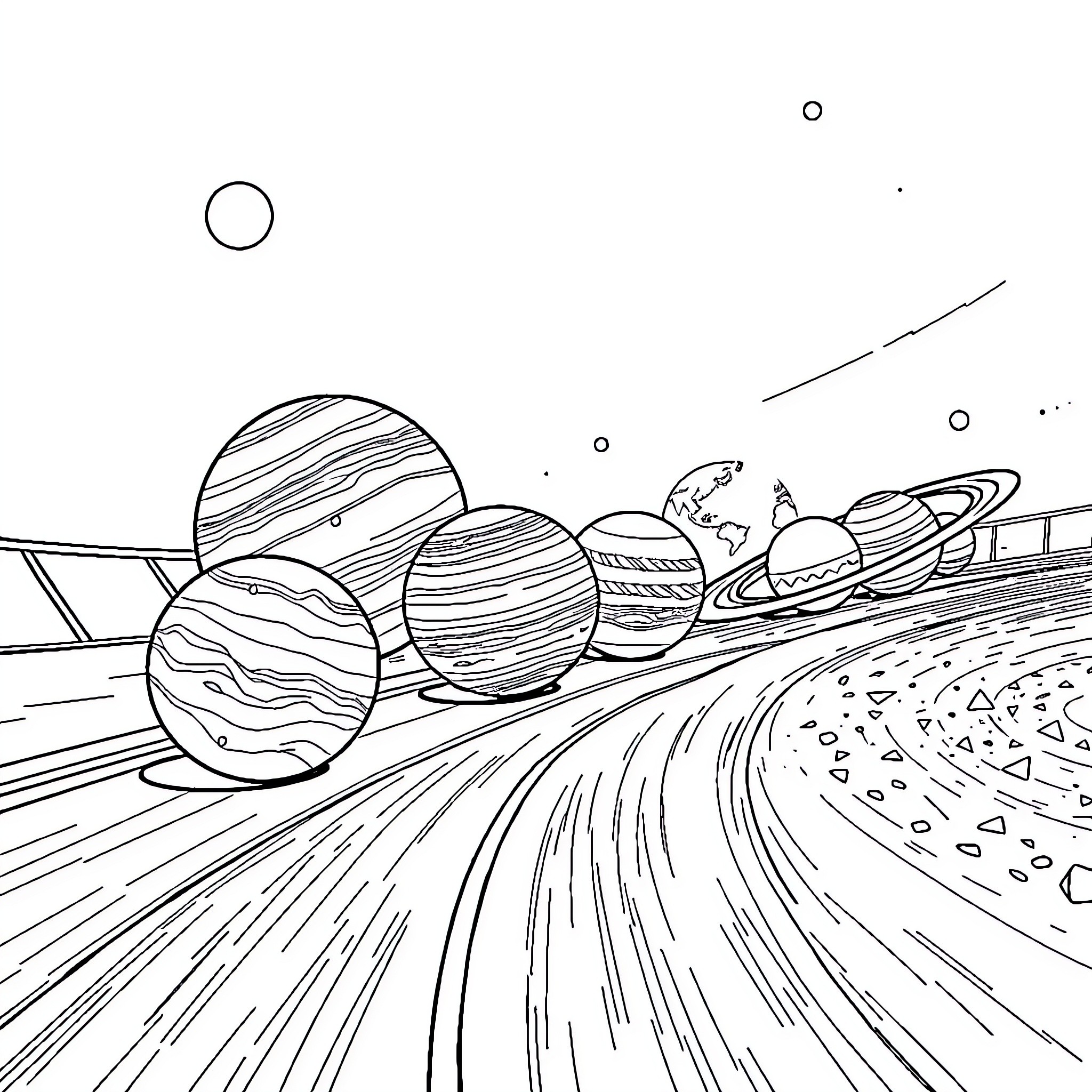 Planet Exploration through Cosmic Landscapes Coloring Page (free black-and-white line drawing printable PDF for all, from beginners to advanced learners, including children, teens, adults, and seniors)
